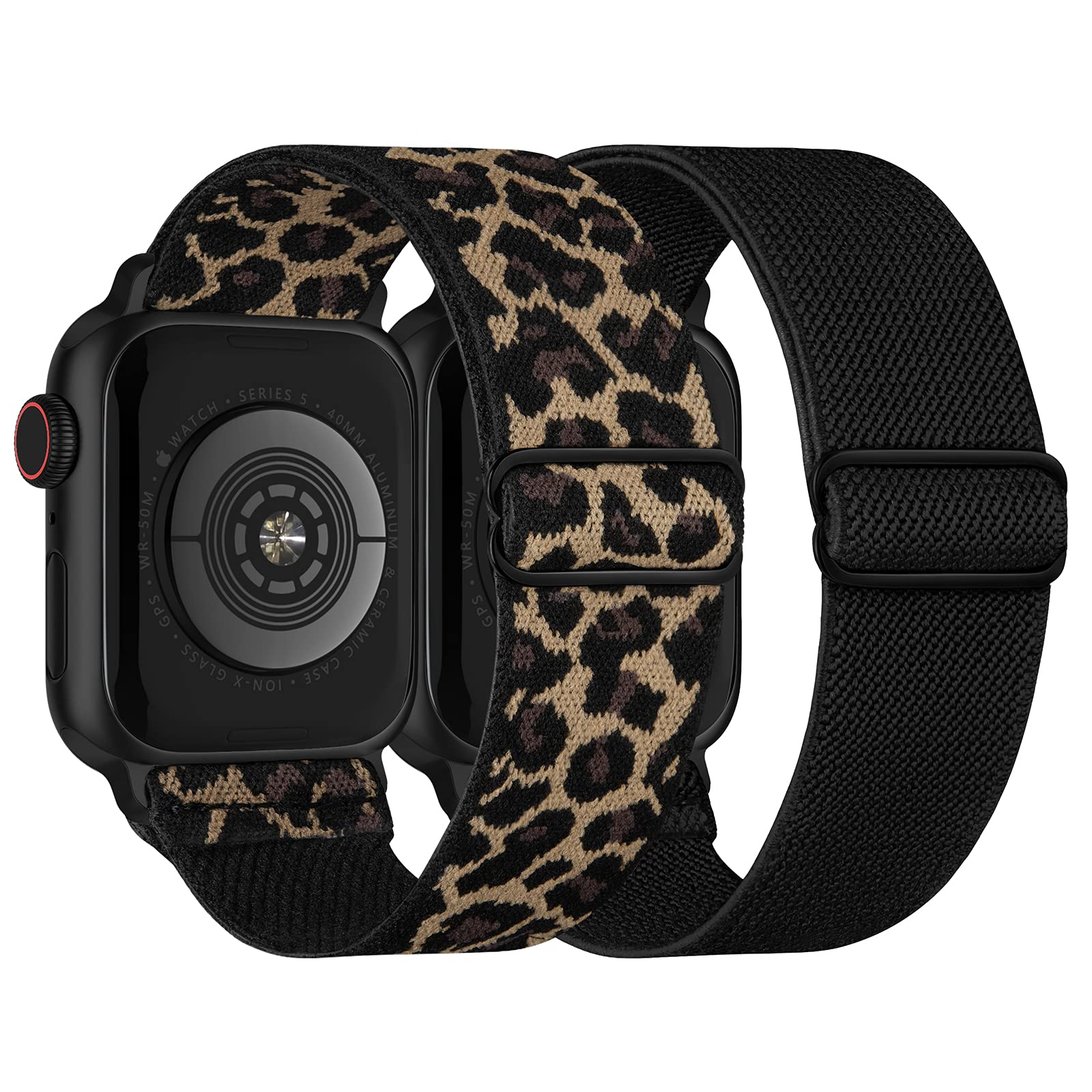 Stretchy Nylon Solo Loop Bands for Apple Watch 38mm 40mm 41mm - Adjustable Braided Sport Elastic Straps Compatible with iWatch Series Ultra/8/7/6/5/4/3/2/1/SE - Unisex Wristbands in Black & Leopard - Perfect for Workouts, Running & Everyday Wear