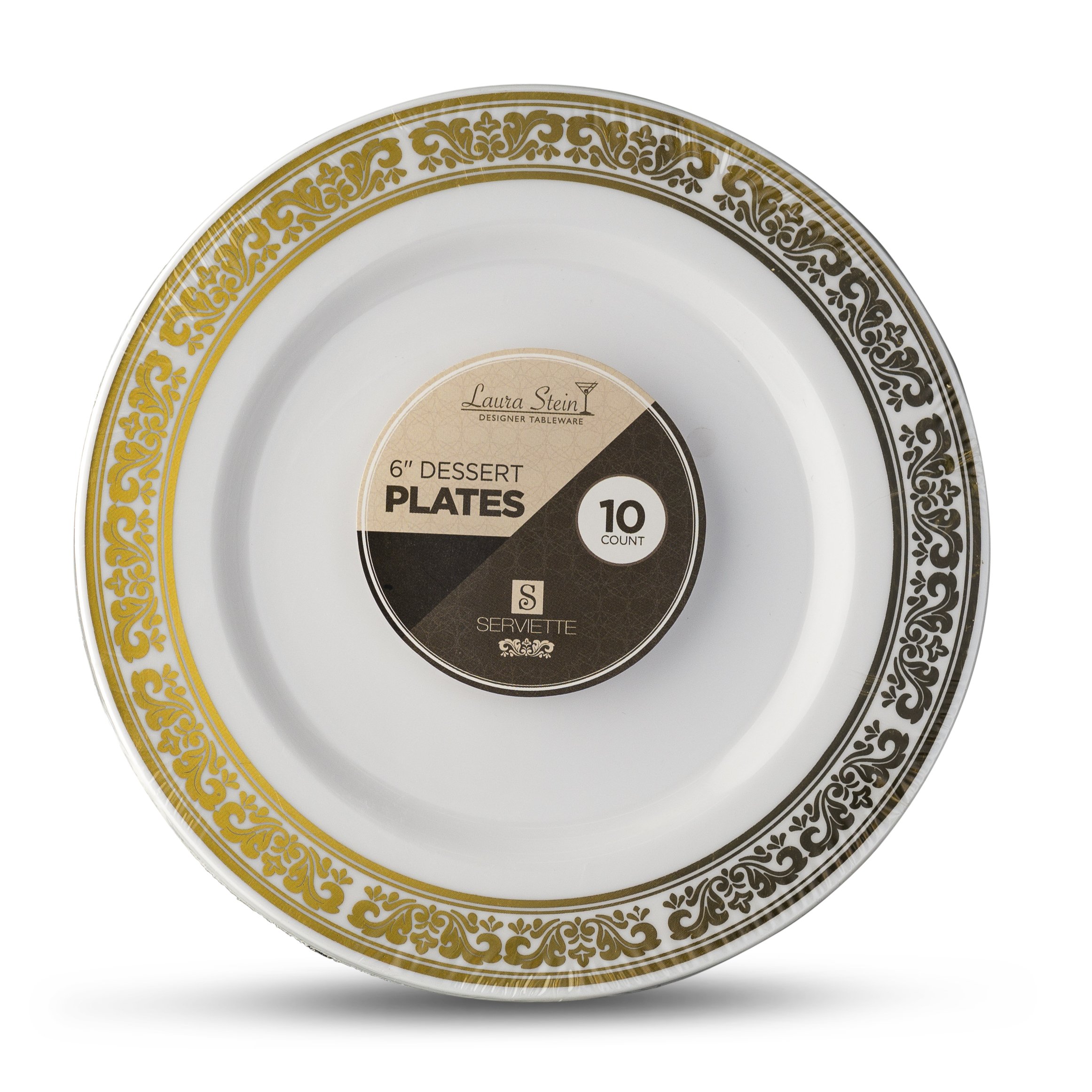 Laura Stein Designer 10-Pack 6-Inch Premium Heavyweight Plastic Dessert Plates with Gold Border - Elegant Disposable Tableware for Weddings, Parties, and Special Events
