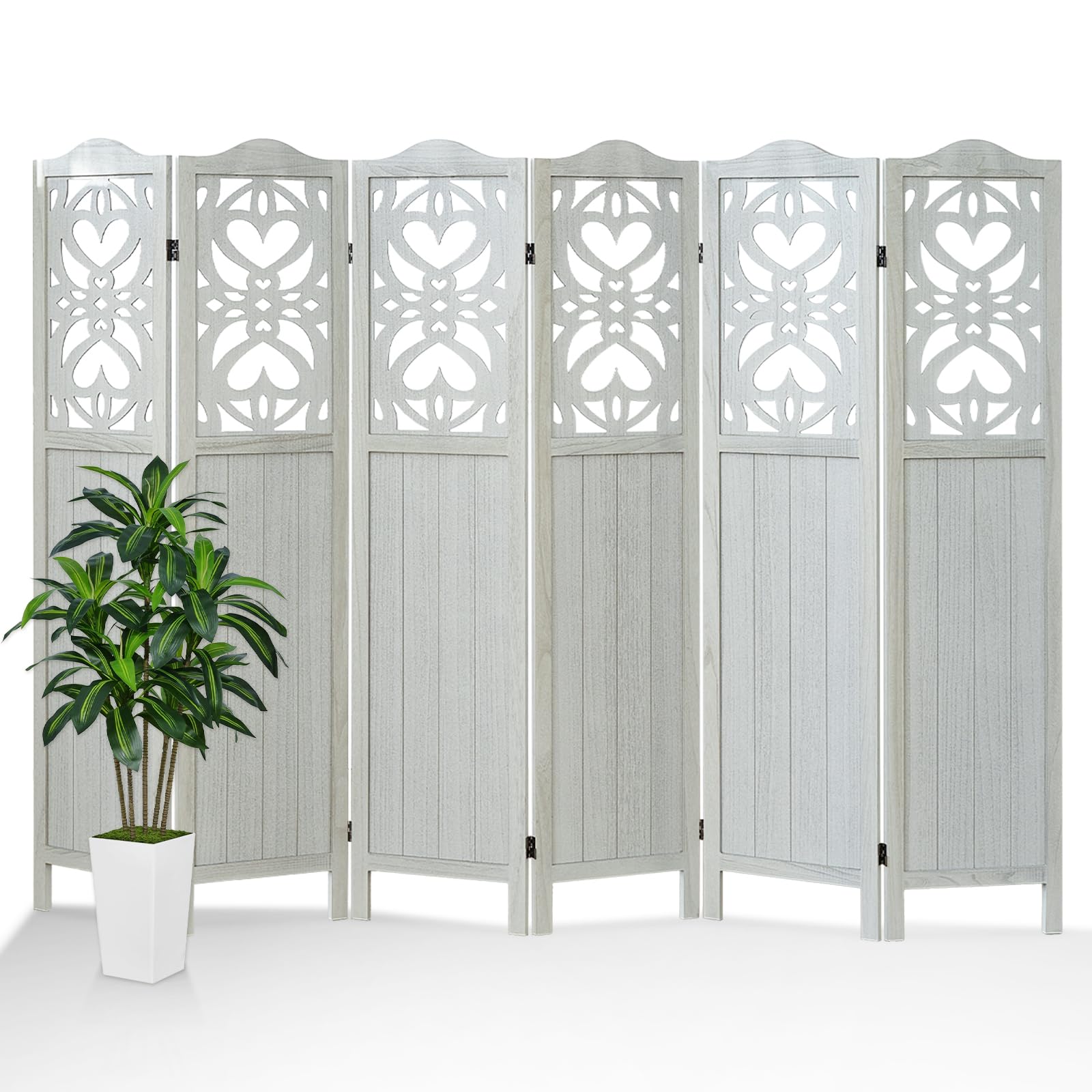 6 Panel Folding Room Divider Screen - 5.6Ft Tall Portable Privacy Partition for Bedroom, Home Office & Living Space | Light Gray Carved Design for Room Separation & Decoration