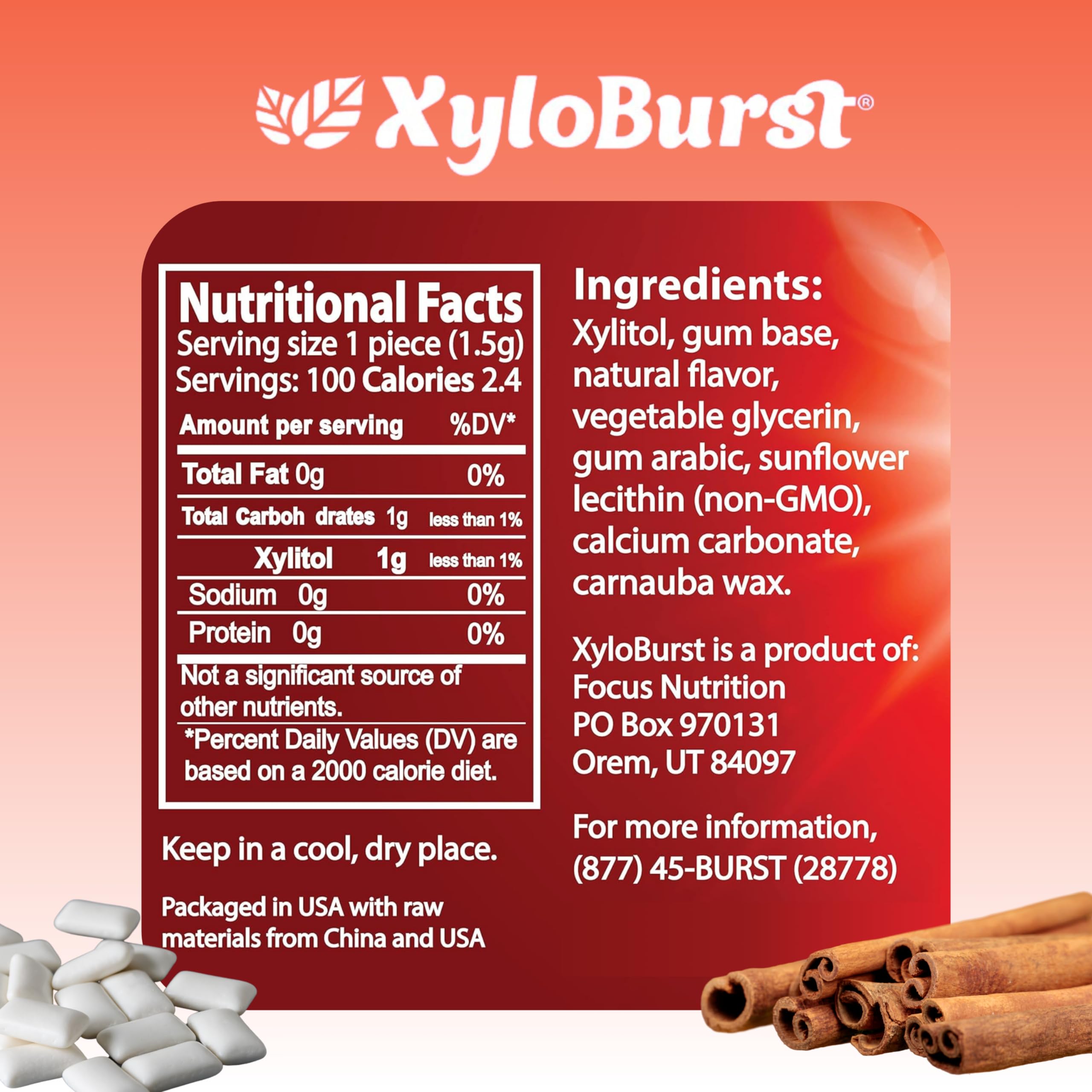 XyloBurst Xylitol Chewing Gum - Sugar Free, Gluten Free, Keto Friendly, Aspartame Free - Supports Oral Health - Cinnamon Flavor - 100 Count Jar - Perfect for Fresh Breath at Work, Gym, or After Meals