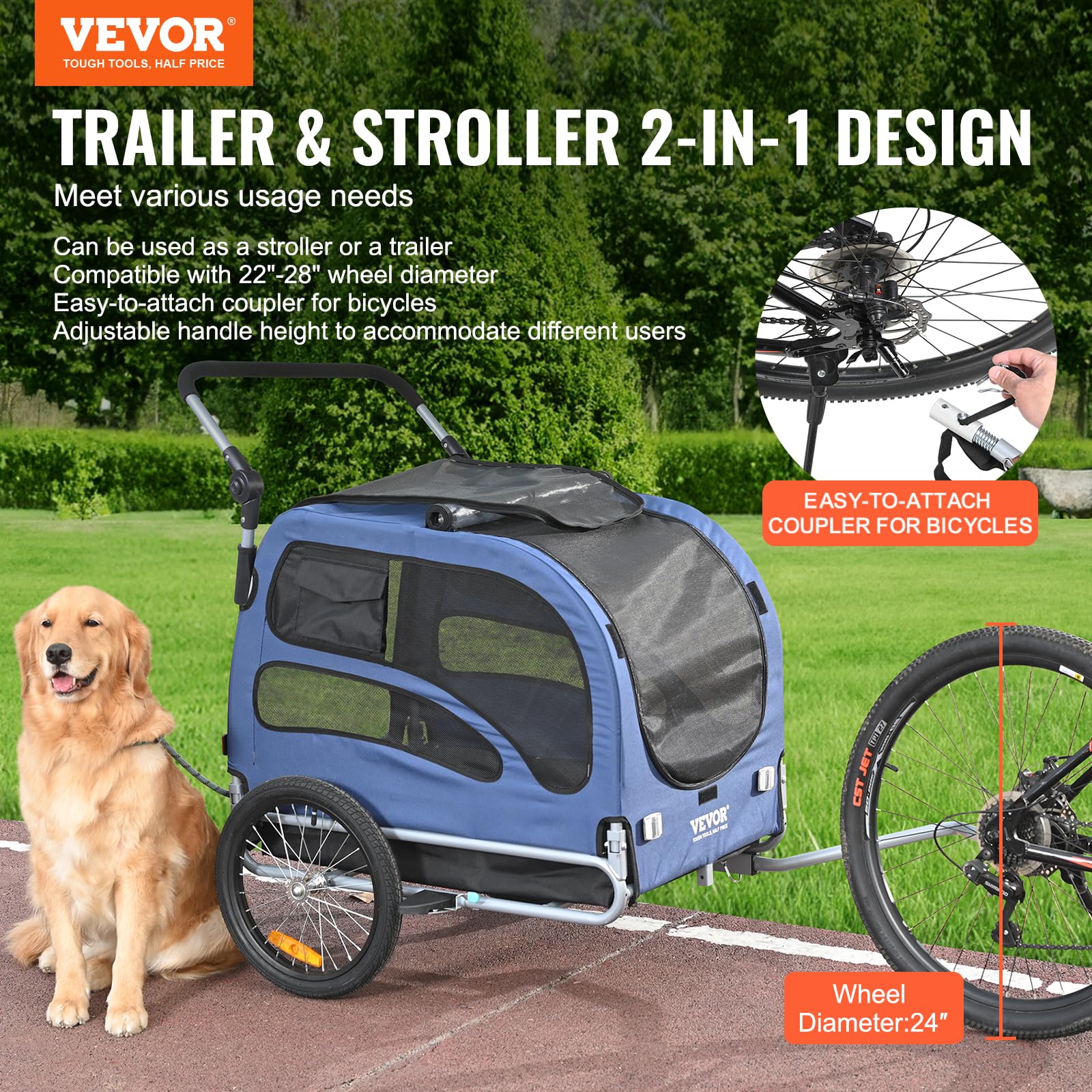 VEVOR 2-in-1 Dog Bike Trailer & Pet Stroller - 100 lbs Capacity, Foldable Bicycle Carrier with Quick Release Wheels, Universal Coupler, Safety Reflectors & Flag (Blue/Black) - Perfect for Cycling Adventures & Daily Walks with Your Pet