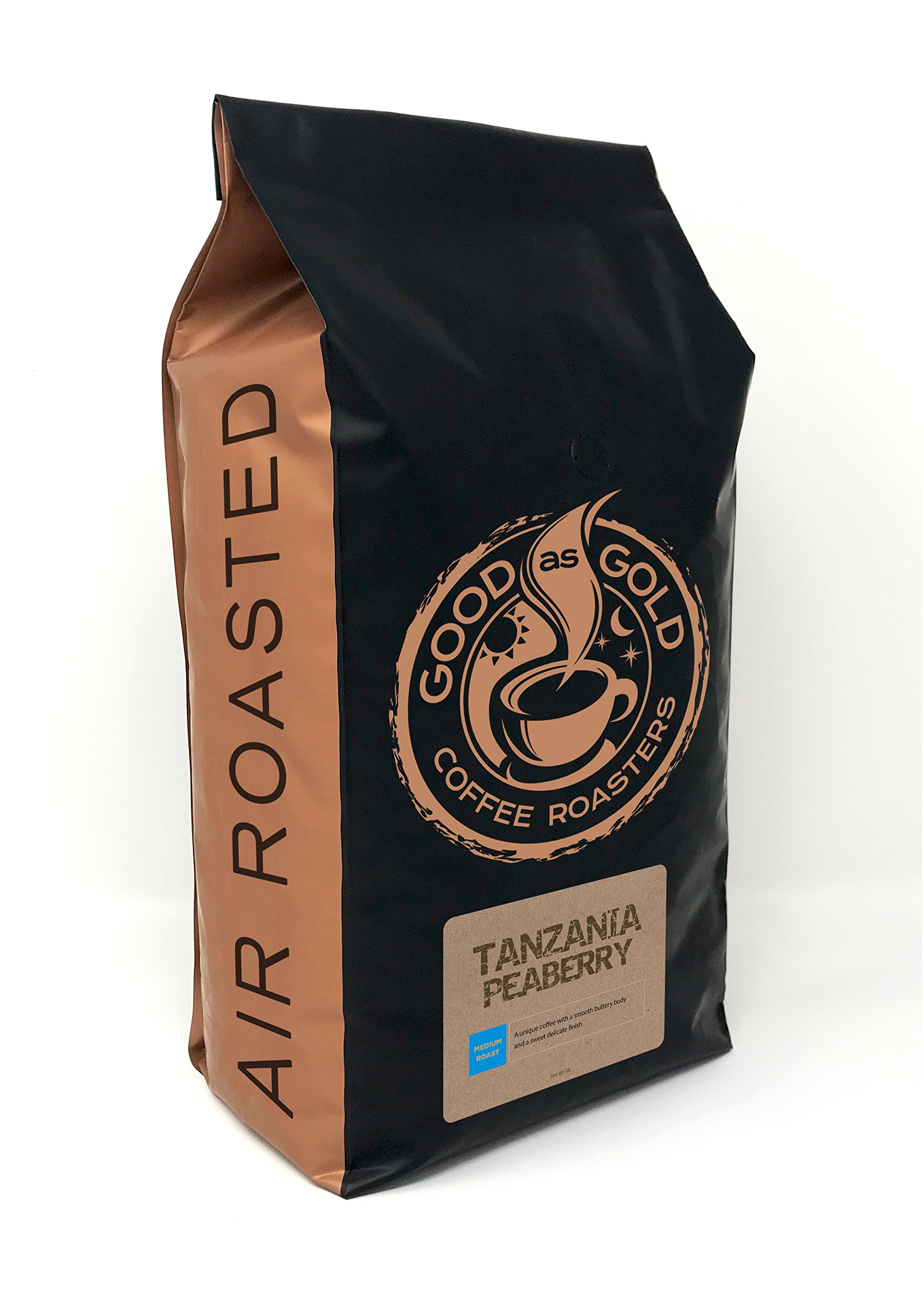 Premium Tanzania Peaberry Coffee Beans - Medium Roast Whole Bean 5lb Bag by Good As Gold Coffee Roasters - Rich & Smooth Flavor for Home Brewing, Office Use & Gifts
