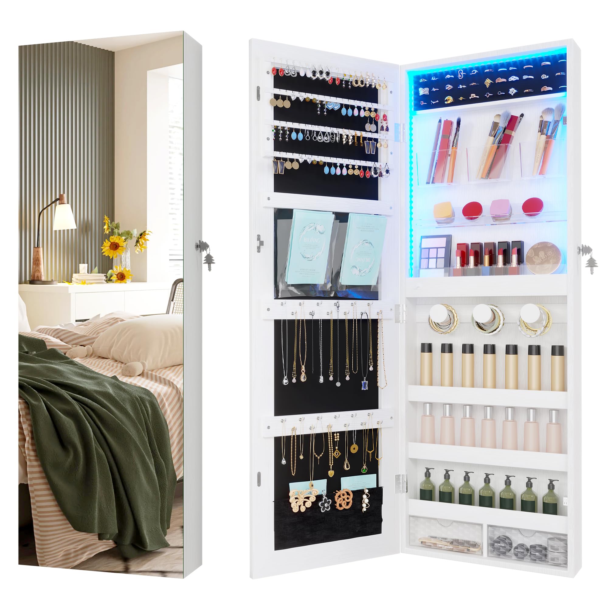 LVSOMT White Lockable Jewelry Armoire Organizer with LED Lights - Wall/Door Mounted Mirror Jewelry Cabinet with Storage | Perfect for Bedroom, Closet & Dressing Room Organization