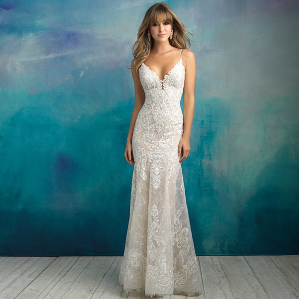 Elegant Beaded Spaghetti Strap V-Neck Backless Mermaid Wedding Dress for Bride - Perfect for Beach, Church, and Formal Ceremonies