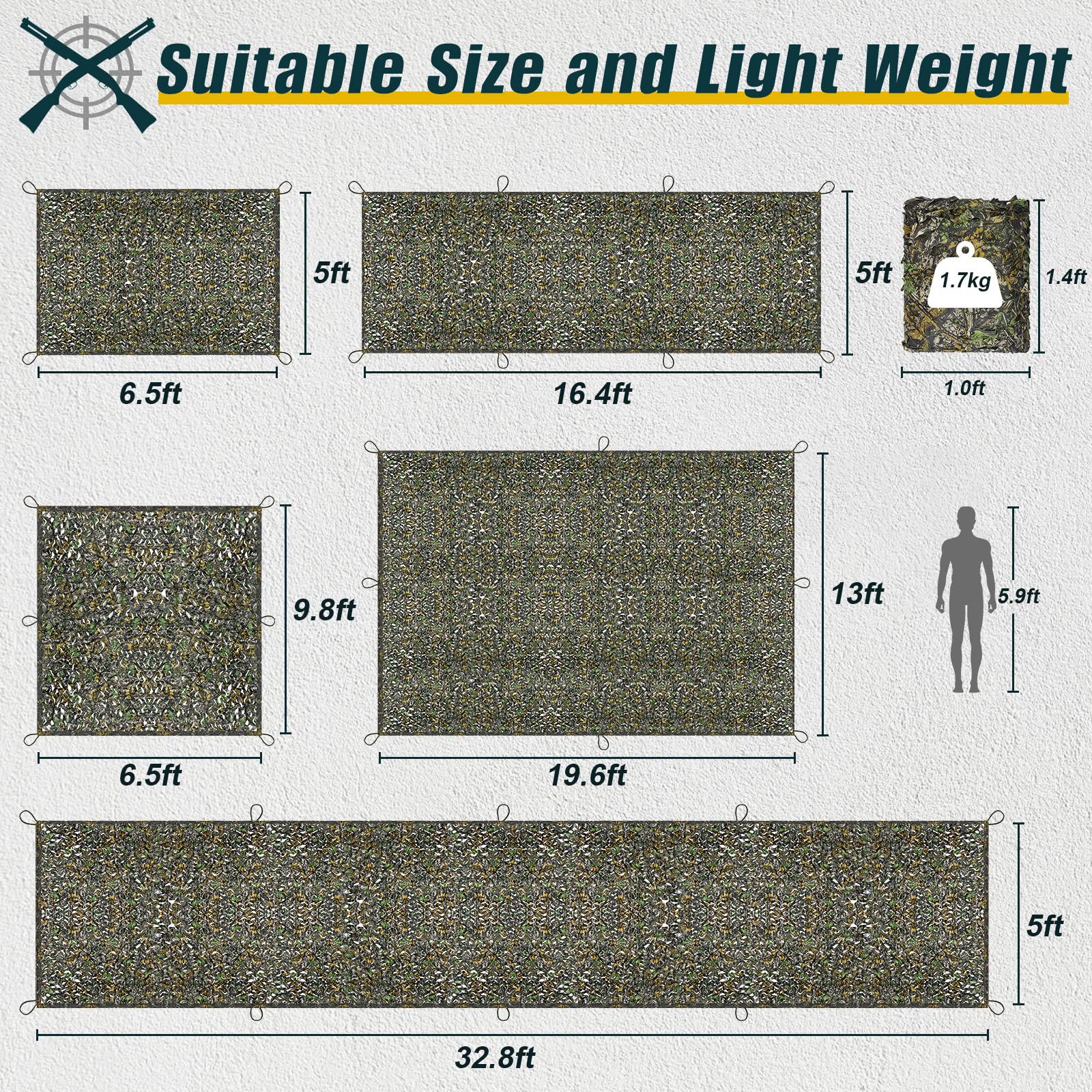 iunio Camouflage Netting - Military Grade Silent Camo Net, Large Bulk Roll Mesh for Hunting Blind Cover, Backdrop, Camo Themed Party, Sun Shade & Outdoor Camping | Durable Mesh Backing for Concealment & Protection