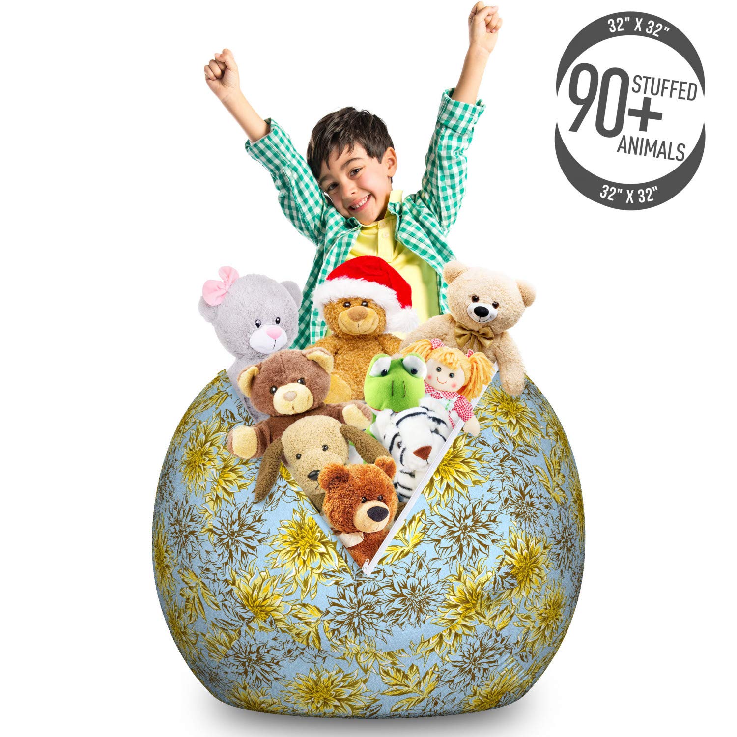Ambesonne Floral Storage Toy Bag Chair - Large Washable Stuffed Animal Organizer with High Detail Yellow Dahlias - Pale Blue & Yellow - Perfect for Kids' Room, Nursery, and Playroom Organization