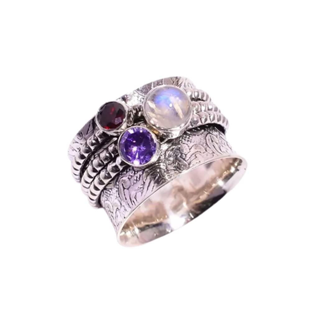 Boho Silver Moonstone Spinner Ring for Women - 925 Sterling Silver Handmade Anxiety Spinner Ring with Garnet & Amethyst - Wide Band Promise Gift for Birthday, Stress Relief & Meditation Jewelry