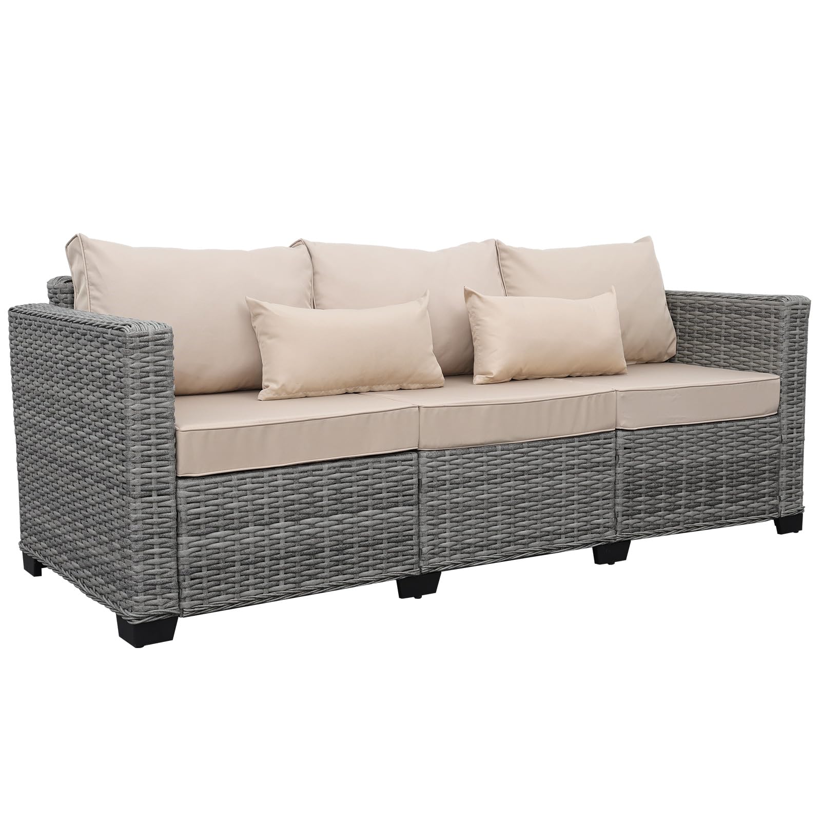 Rattaner 3-Seat Patio Sofa Set - Grey Wicker Outdoor Couch with Deep Seat & High Backrest, Waterproof Cover & Anti-Slip Khaki Cushions - Perfect for Garden, Poolside, and Backyard Relaxation