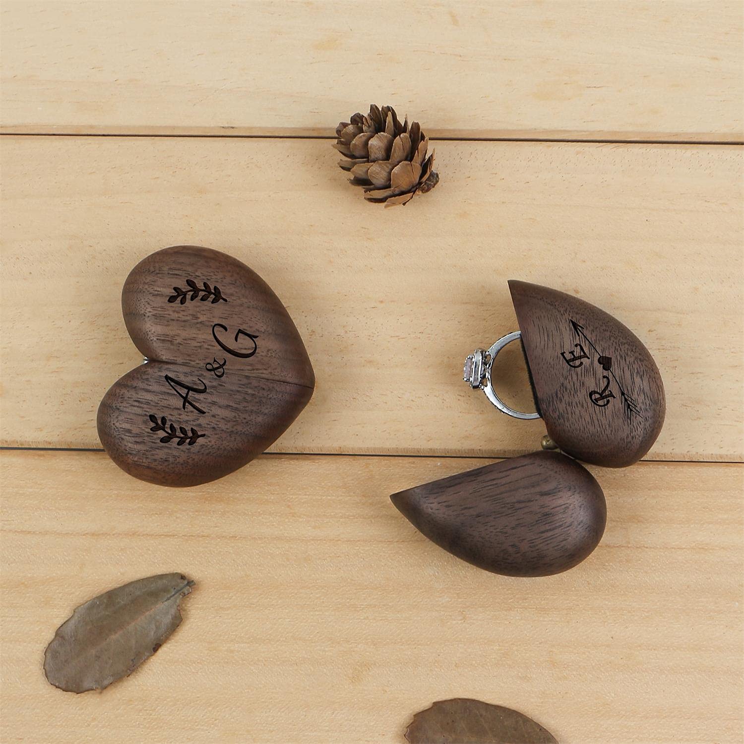 KWOOD Personalized Heart Shaped Walnut Ring Box with Magnetic Closure - Elegant Engagement Ring Box, Wedding Jewelry Gift for Her, Birthday Present - Perfect for Proposal, Ring Storage & Special Occasions