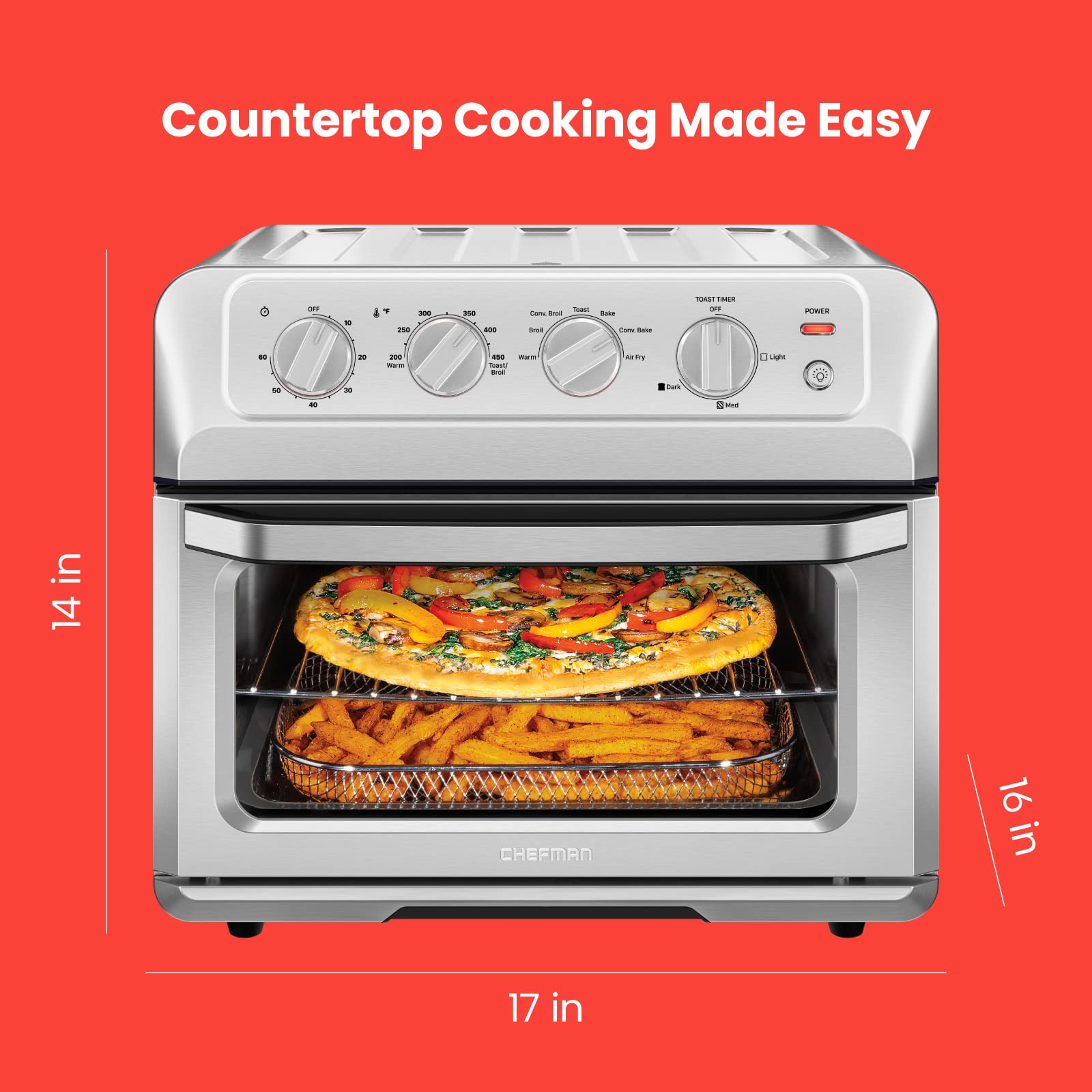Chefman 7-in-1 Air Fryer Toaster Oven Combo | 20QT Countertop Convection Oven | Cook Pizza, Air Fry Chicken Wings, Toast, Broil | Auto Shutoff & Stainless Steel Design | Perfect for Small Kitchens, Dorms & Quick Meals