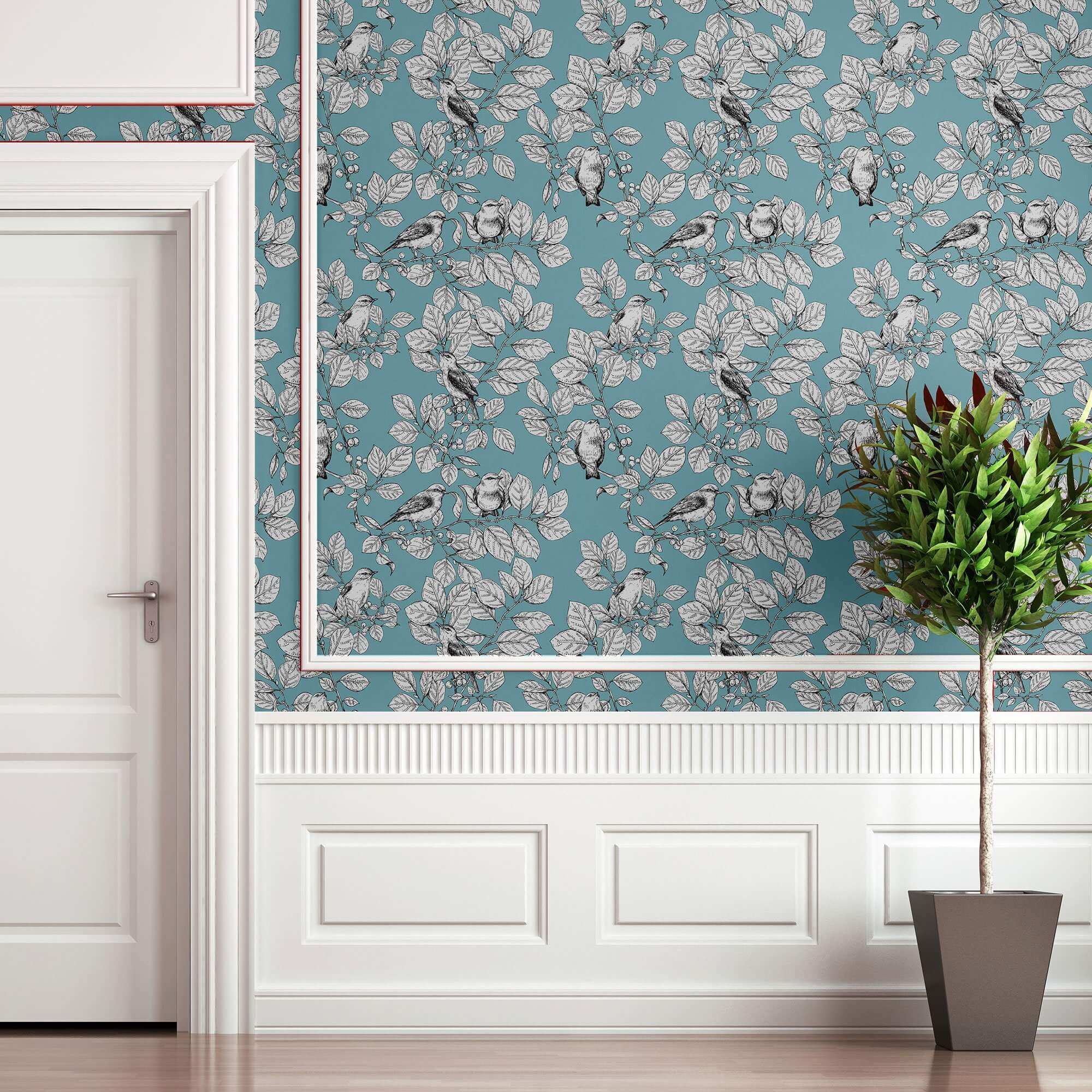 Blue Floral Animal Print Peel and Stick Removable Wallpaper - Self-Adhesive Decorative Wall Covering for Bedroom, Nursery, Living Room, Office Decor