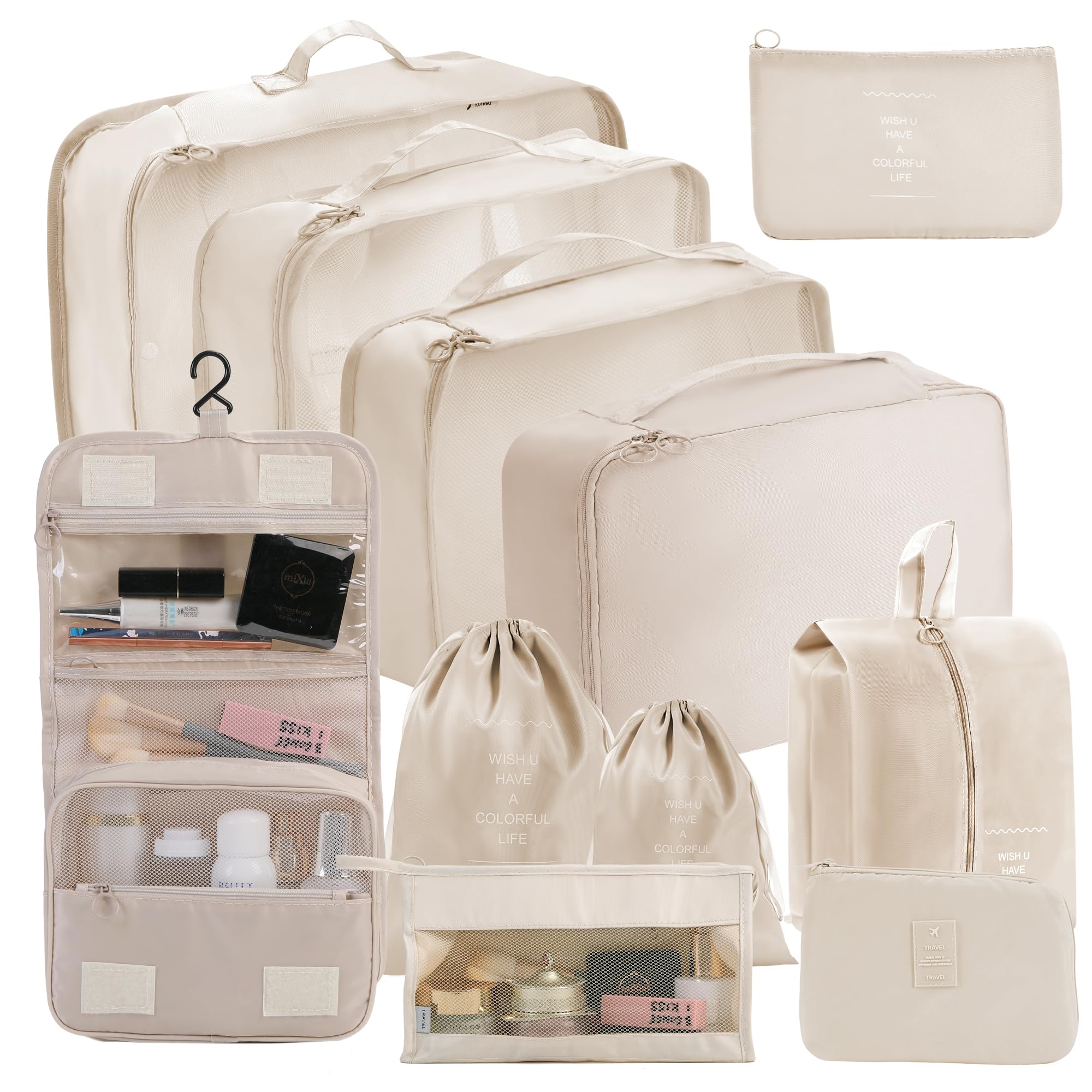 Premium 11-Piece Packing Cubes Set for Travel - Beige Luggage Organizers & Storage Bags for Clothes - Perfect for Suitcases, Backpacks & Carry-Ons