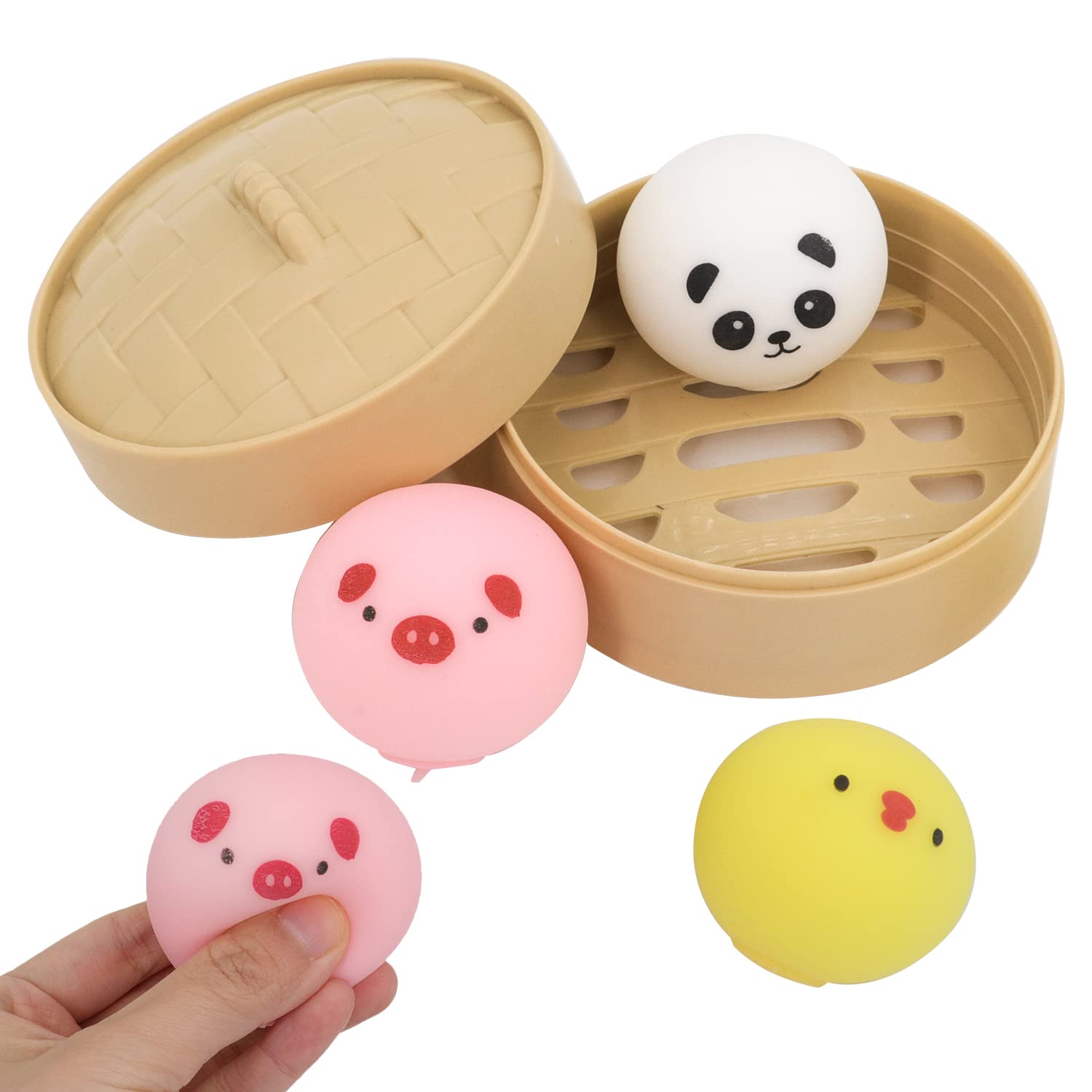 3Pcs Colorful Dumpling Stress Ball Fidget Sensory Toy - Silicone Stress Relief Hand Ball with Food Steamer Kit for Office, Home, Party | Anxiety Relief, ADHD Focus Tool, Fun Gift Idea for Kids & Adults