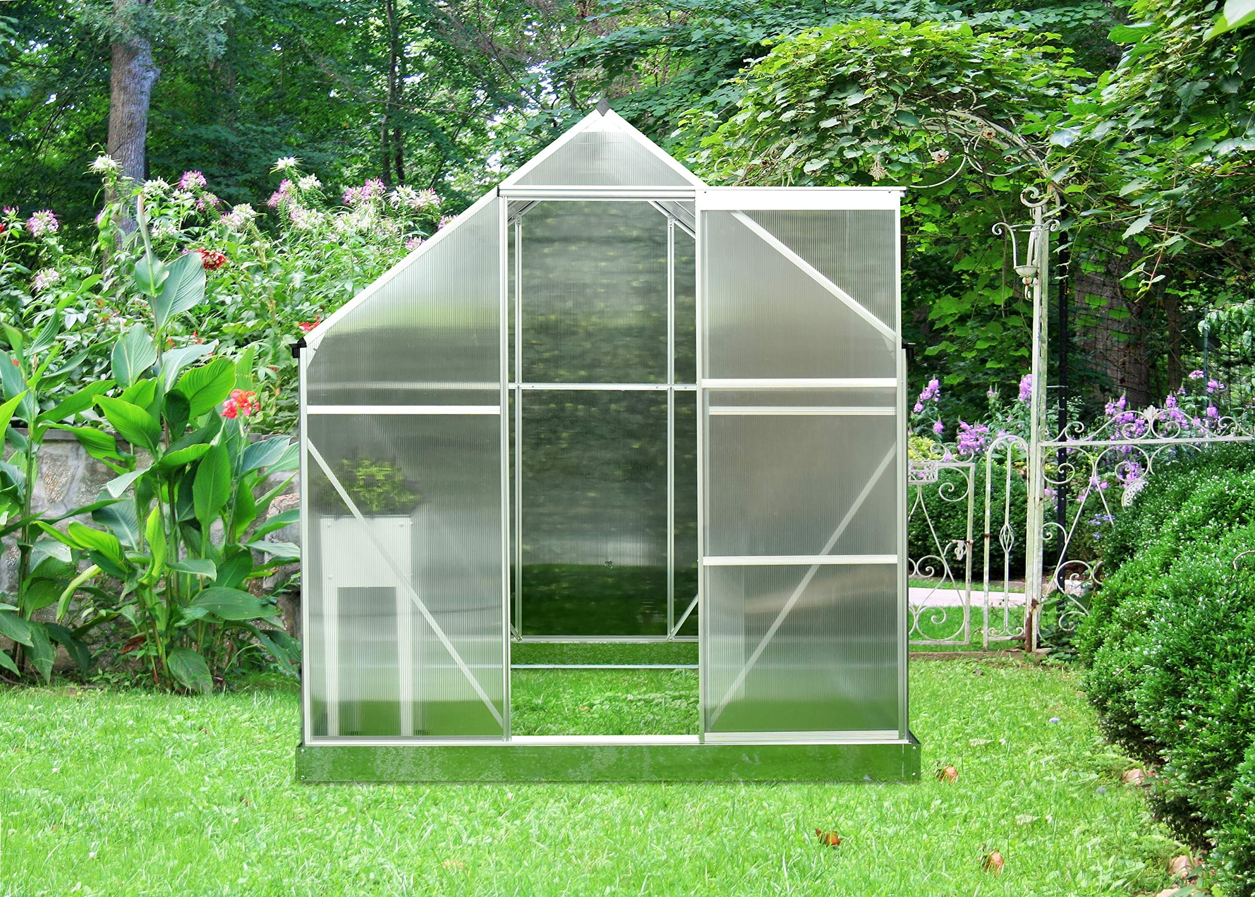 Hanover 6' x 6' Polycarbonate Walk-in Greenhouse with Aluminum Frame & Galvanized Steel Base - Siding Door & Automatic Vent Opener (HANGRNHS6X6-NAT) for Home Gardening, Plant Protection & Year-Round Growing