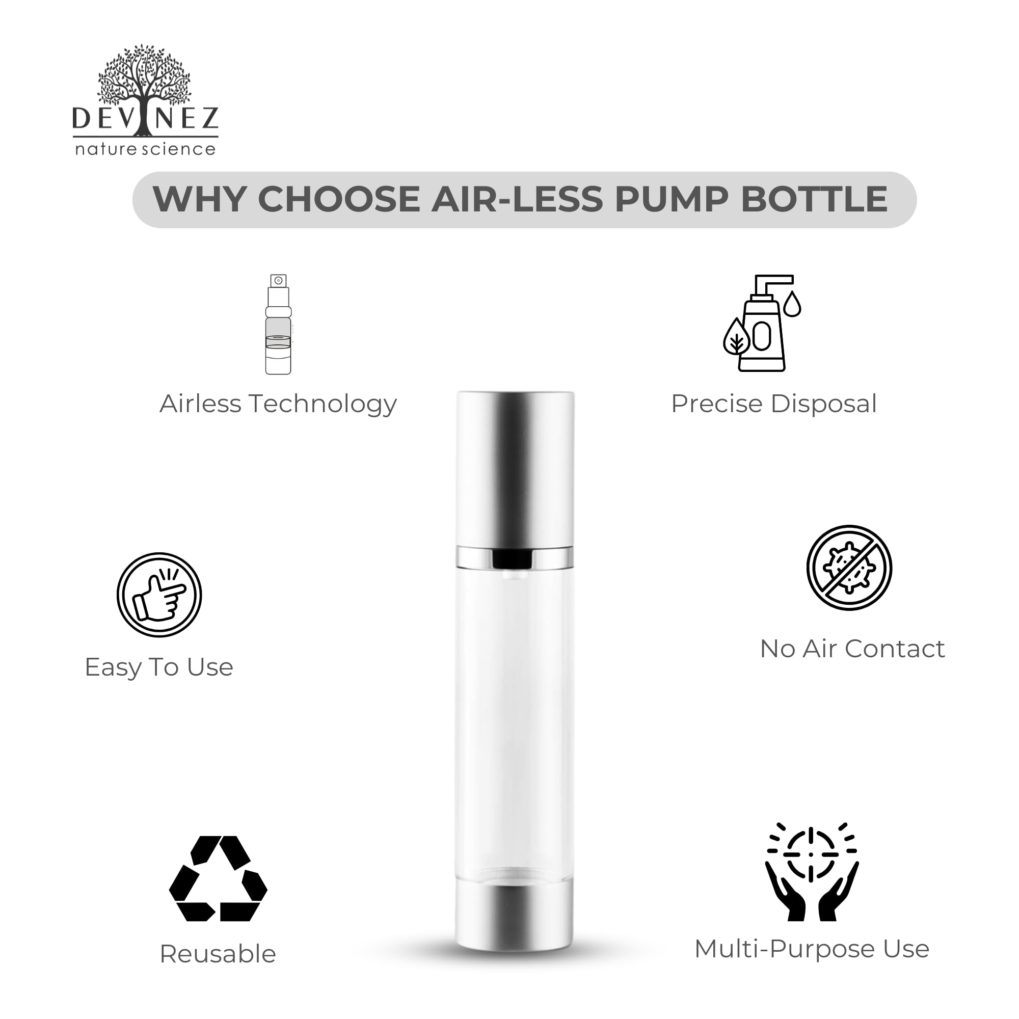 Devinez Refillable Airless Pump Bottle - 50ml Clear Travel Cosmetic Dispenser for Moisturizers, Shampoo, Lotion & Cream | Leak-Proof & Reusable | Perfect for Skincare, Haircare & Toiletries | Great for Travel, Gym & Home Use
