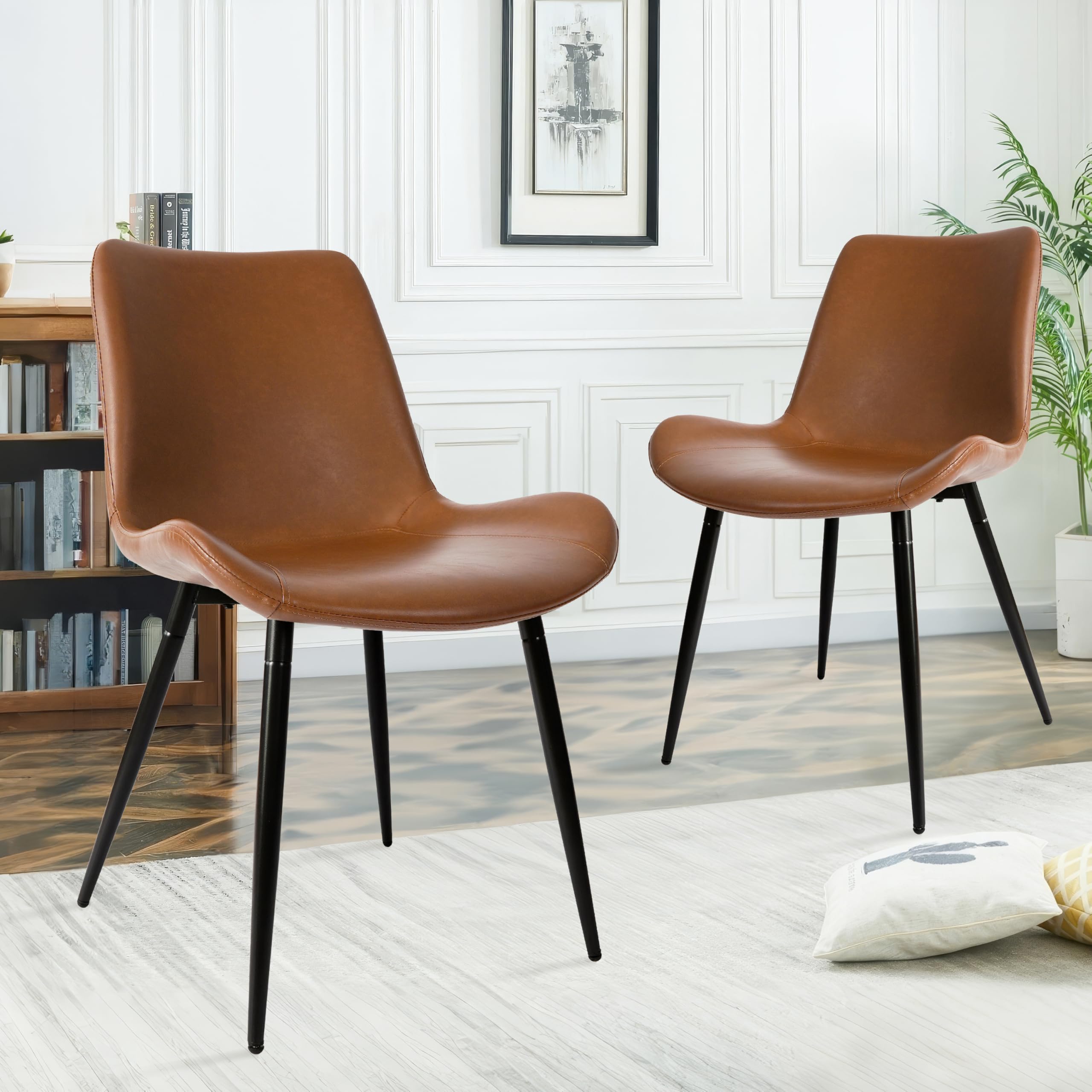 Premium Brown Faux Leather Dining Chairs Set of 2 - Armless Upholstered Accent Chairs with Comfortable Back Support & Sturdy Black Metal Legs for Living Room, Restaurant, Meeting Room - Perfect for Home Dining, Office Waiting Area & Conference Spaces