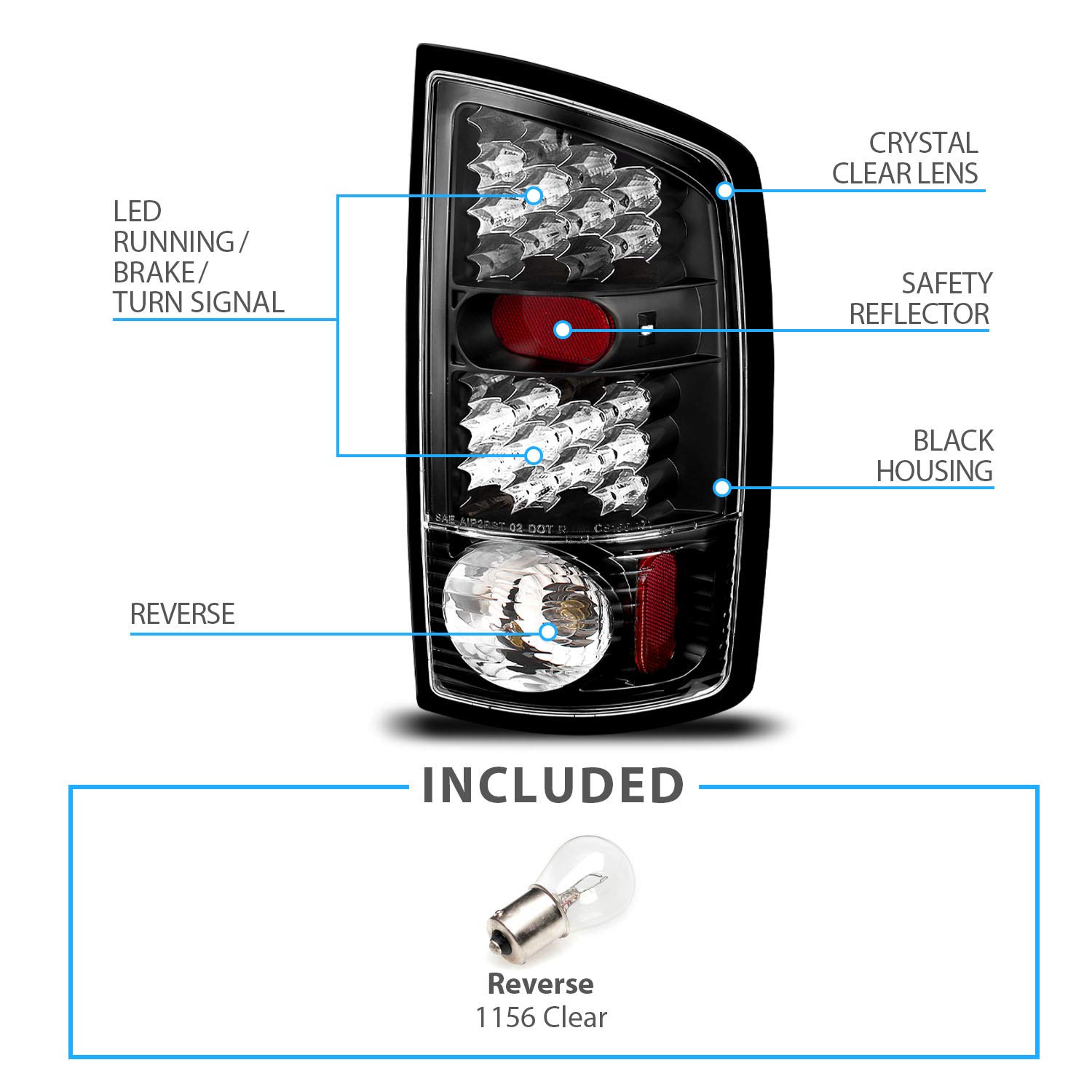 AmeriLite Black LED Tail Lights for Dodge Ram - Left & Right Side Pair - Durable, Bright & Waterproof - Perfect for Night Driving & Off-Road Adventures
