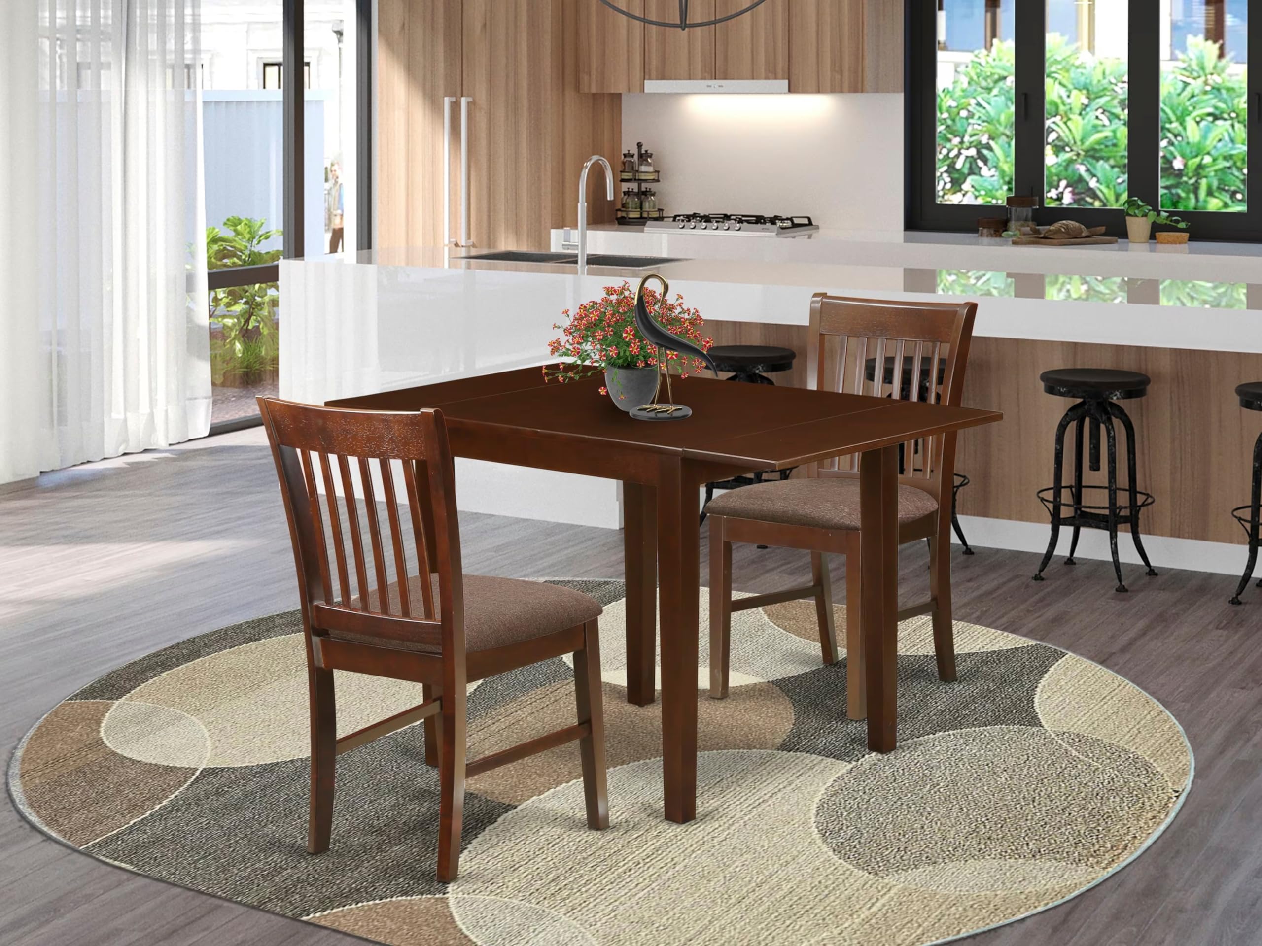 East West Furniture NDNO3-MAH-C 3-Piece Small Space Dinette Set - Rectangle Drop Leaf Dining Table & 2 Linen Fabric Chairs, 30x48 Inch, Mahogany - Perfect for Apartments, Breakfast Nooks & Cozy Kitchens