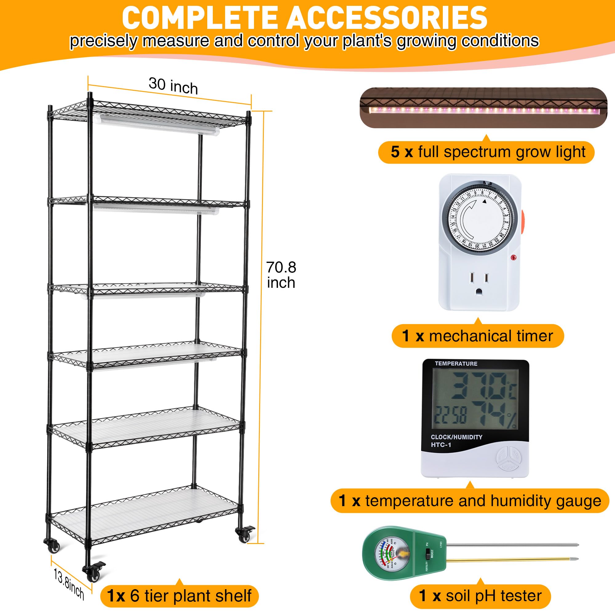 6 Tier Metal Plant Shelf with Grow Lights - 90W LED Indoor Greenhouse for Seed Starting, DIY Grow Rack with Cover, Timer, Thermometer & pH Meter | Perfect for Hydroponics, Herb Gardens & Small Space Gardening