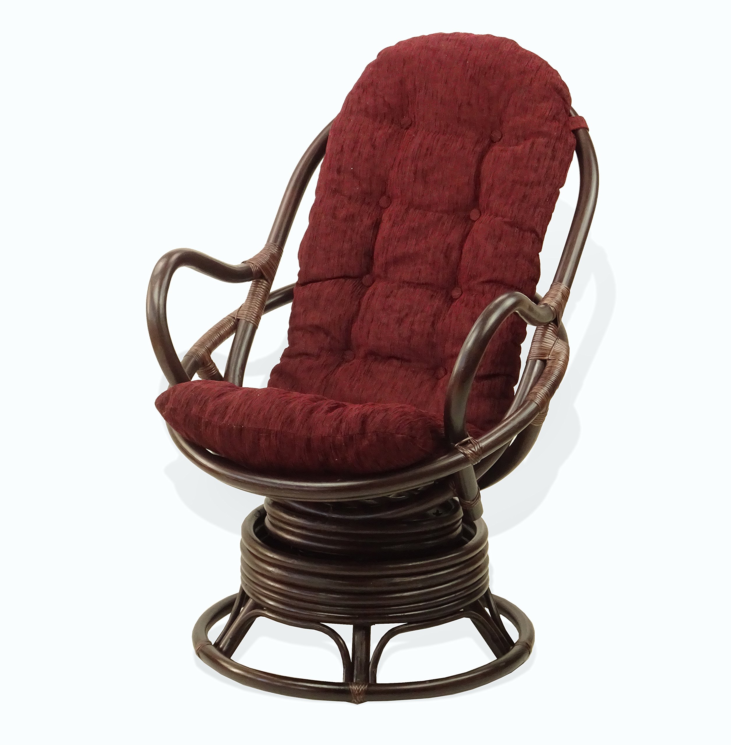 Natural Rattan Wicker Swivel Rocking Chair with Cream Cushion - Dark Brown Lounge Java Chair for Living Room, Patio, or Sunroom Relaxation
