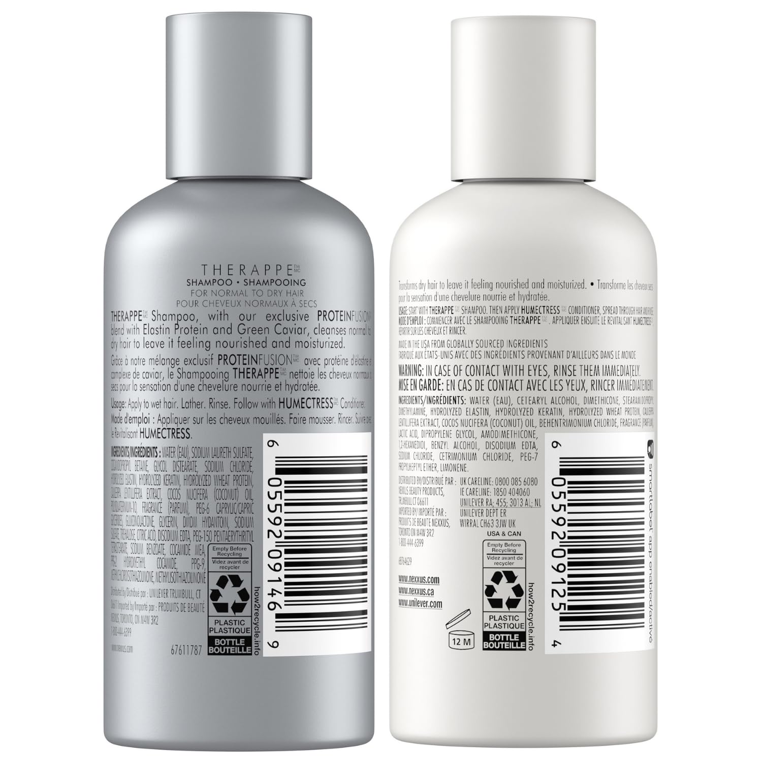 Nexxus Therappe Shampoo & Humectress Conditioner Travel Size (3 Oz Each) - Deep Moisturizing for Dry Hair with Elastin Protein & Green Caviar - Perfect for Vacation, Gym & On-The-Go Hair Care