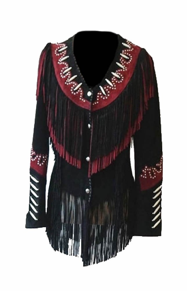 Classyak Women's Western Cowgirl Leather Jacket with Fringes, Beads & Bones - Vintage Distressed Brown Biker Jacket for Country Music Festivals & Rodeo Events