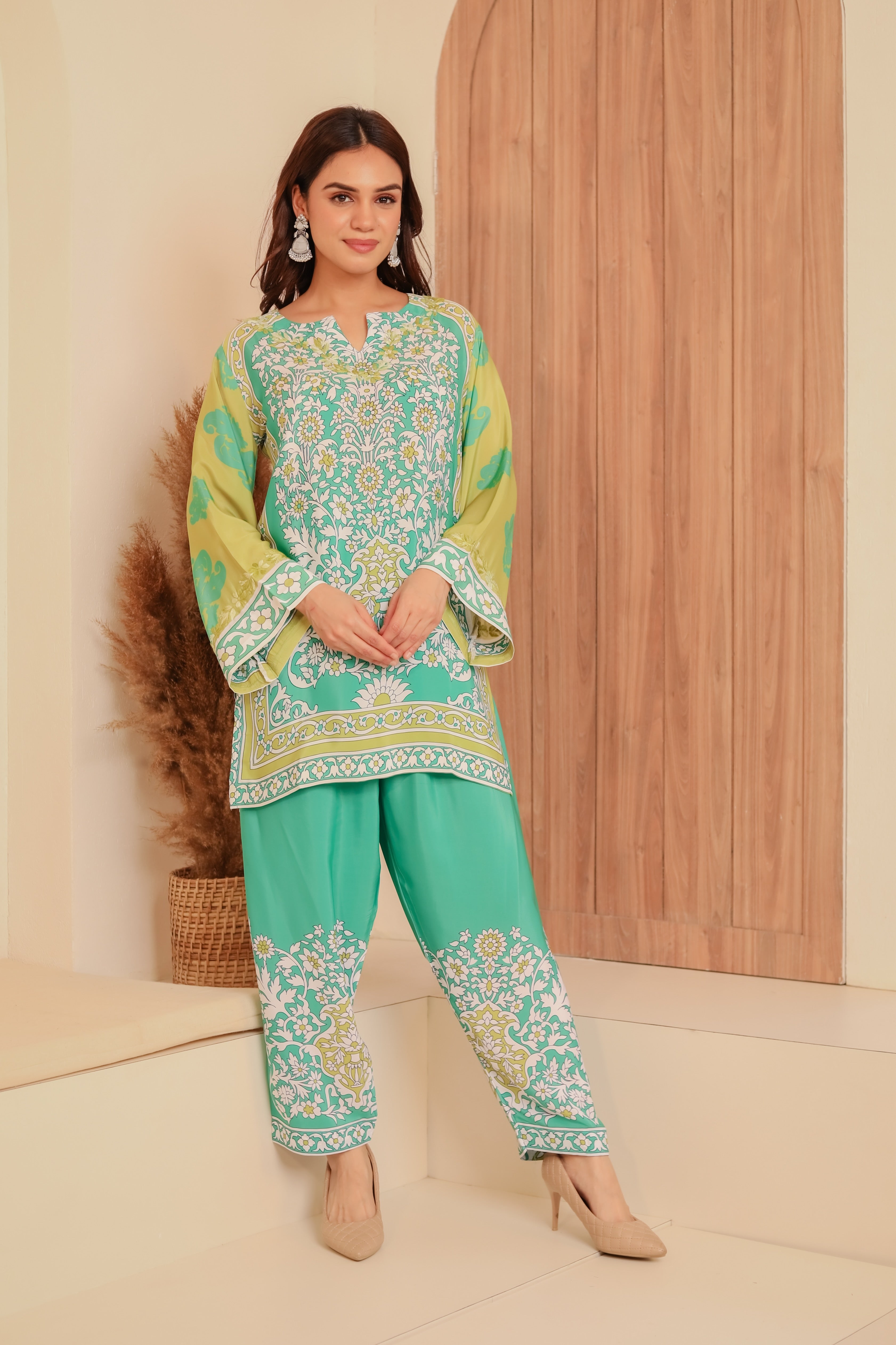 Elegant Saba Chikankari Printed Poly Silk Suit Set for Women - Green | Traditional Indian Ethnic Wear for Festivals, Weddings & Special Occasions