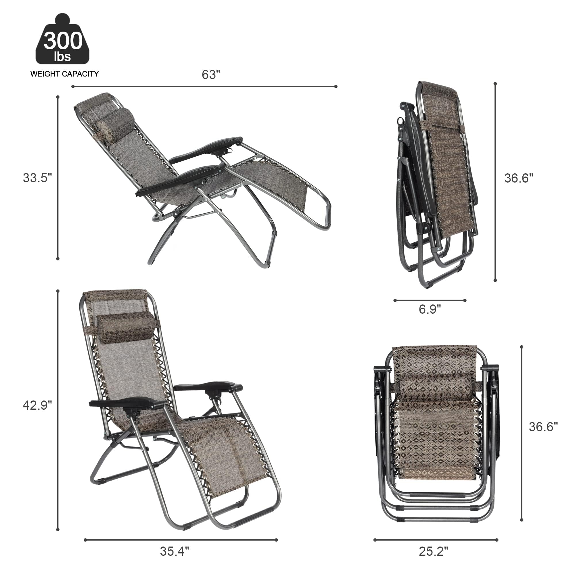 LUCKYERMORE Adjustable Textilene Zero Gravity Chairs Set of 2 - Diamond Design Outdoor Folding Recliners with Pillow, 300 LBS Capacity - Perfect for Poolside, Beach, Patio, Backyard & Camping (Grey & Brown)