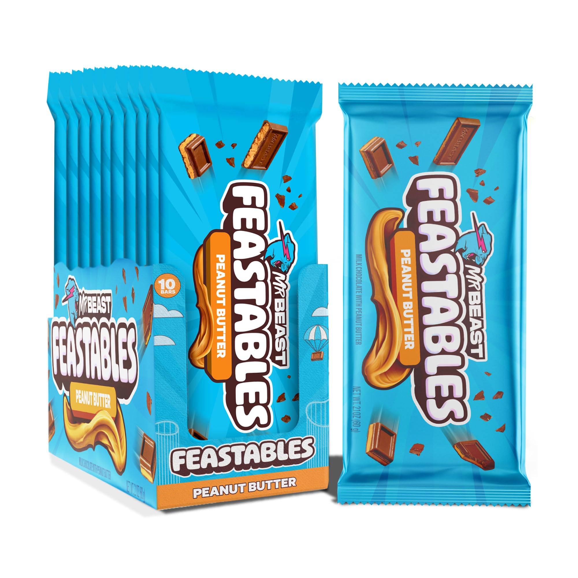 MrBeast Feastables Chocolate Bars - 10 Pack (60g Each) - Deez Nutz & Peanut Butter Flavors - Premium Chocolate Gift for Chocolate Lovers - Perfect for Gifts, Parties & Snacking
