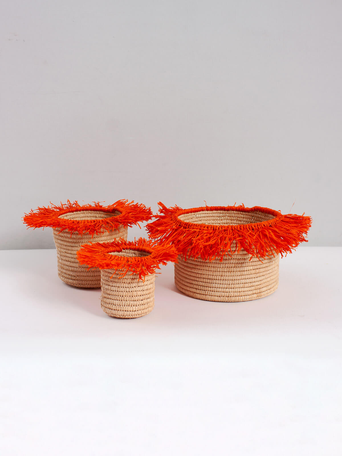 Handmade Raffia Tassel Storage Baskets - Orange Decorative Organizer for Home, Bathroom & Office | Perfect for Makeup Brushes, Cotton Balls & Small Essentials