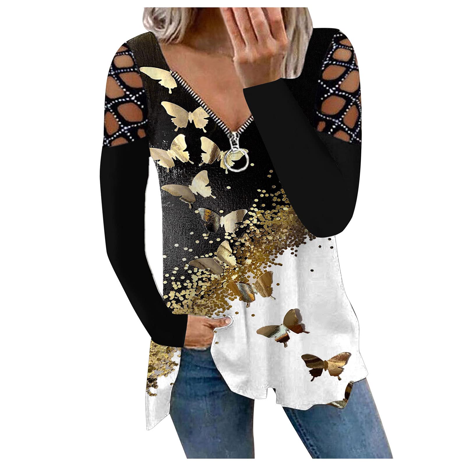 Women's Casual Butterfly Print Zipper V-Neck Long Sleeve Blouse - Stylish Tops for Work, Date Night & Everyday Wear