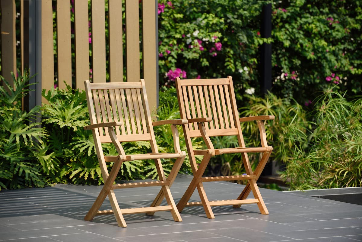 Amazonia London 2-Piece Certified Teak Patio Folding Armchair Set - Outdoor Garden Furniture for Poolside, Deck, and Backyard Relaxation