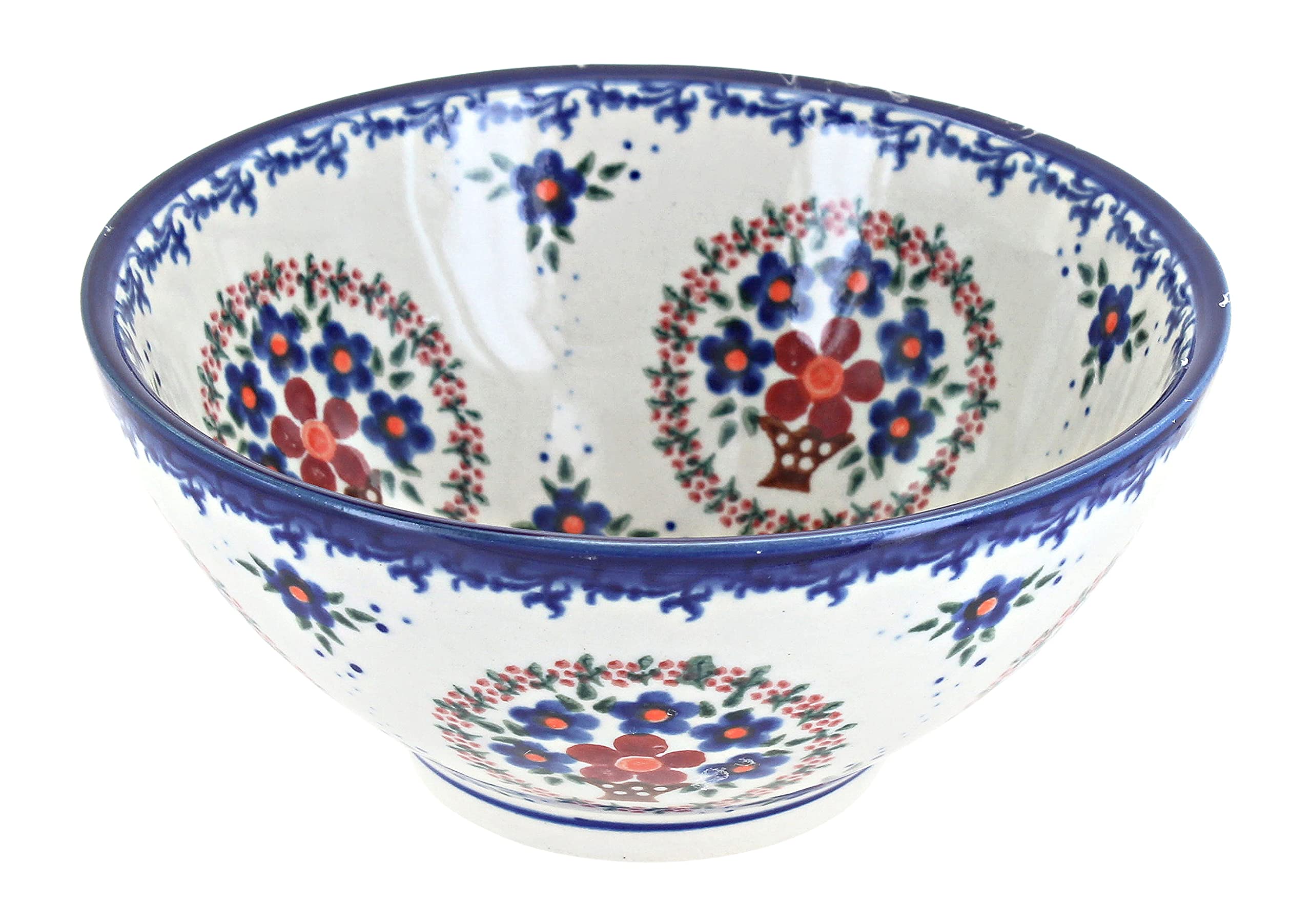 Handmade Blue Rose Polish Pottery Rice Bowl - Vintage Style Ceramic Soup Bowl for Home Dining & Gift Giving - Perfect for Asian Cuisine, Salads, Desserts & Decorative Display