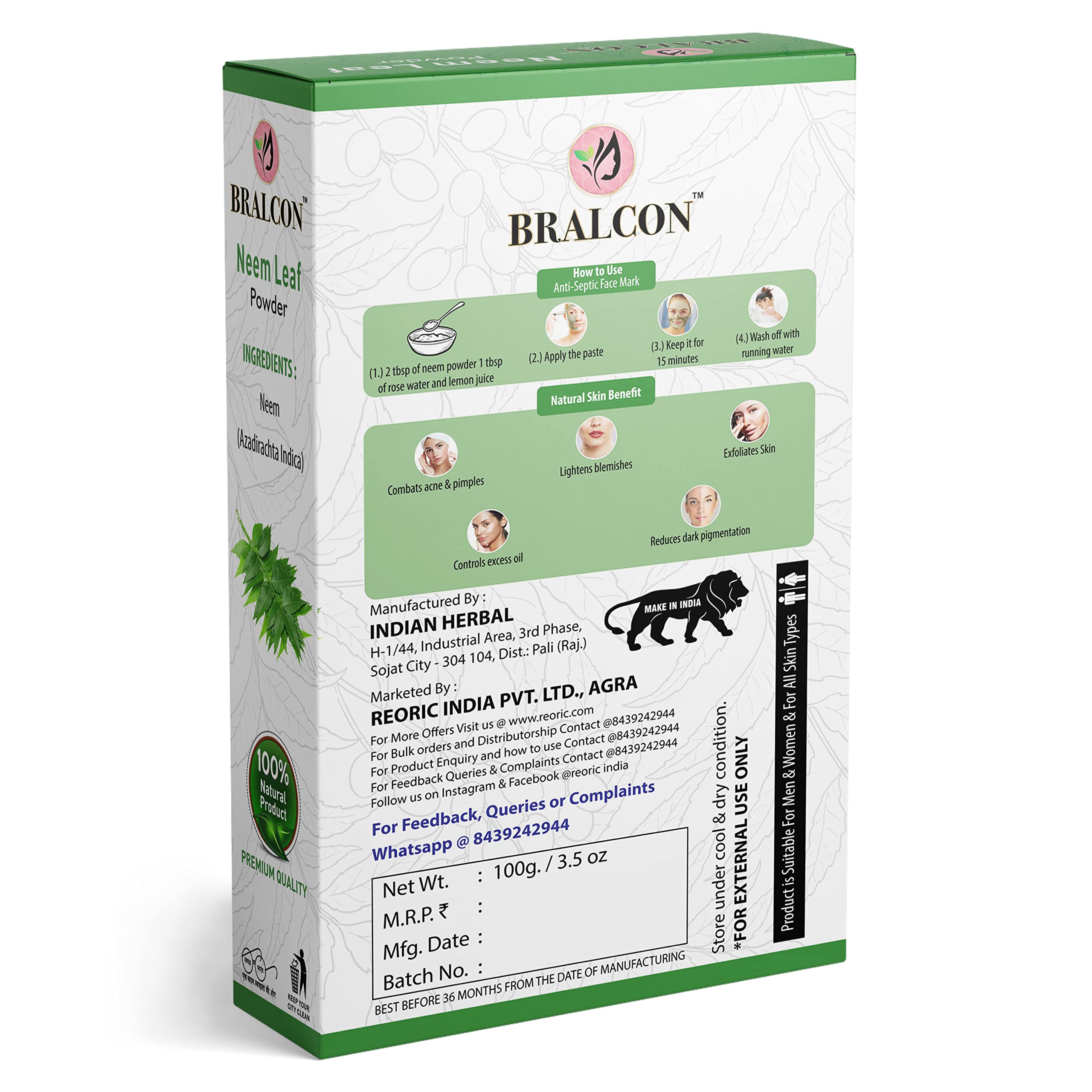 BRALCON Organic Chandan Powder, Neem Leaf Powder & Rose Petal Powder Combo - 300g (3 x 100g) | Natural Ayurvedic Face Pack for Glowing Skin, Whitening & Facial Care | Perfect for Daily Skincare Routine, Spa Treatments & Holistic Beauty Regimen