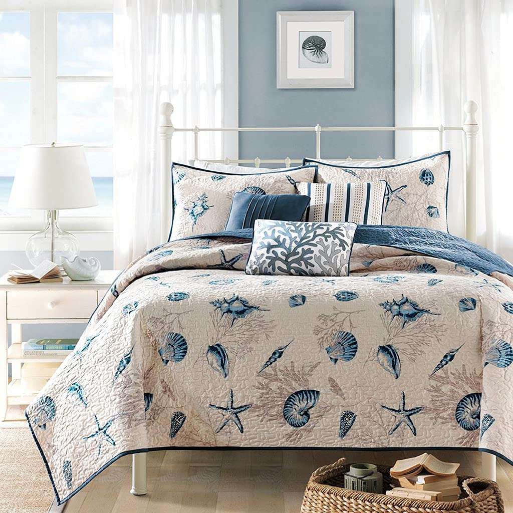 Navy & Beige Seashell Beach House Nautical Full/Queen Quilt Set with Shams & Toss Pillows - 6 Piece Coastal Bedding Collection for Beachfront Homes, Vacation Rentals & Nautical Themed Bedrooms