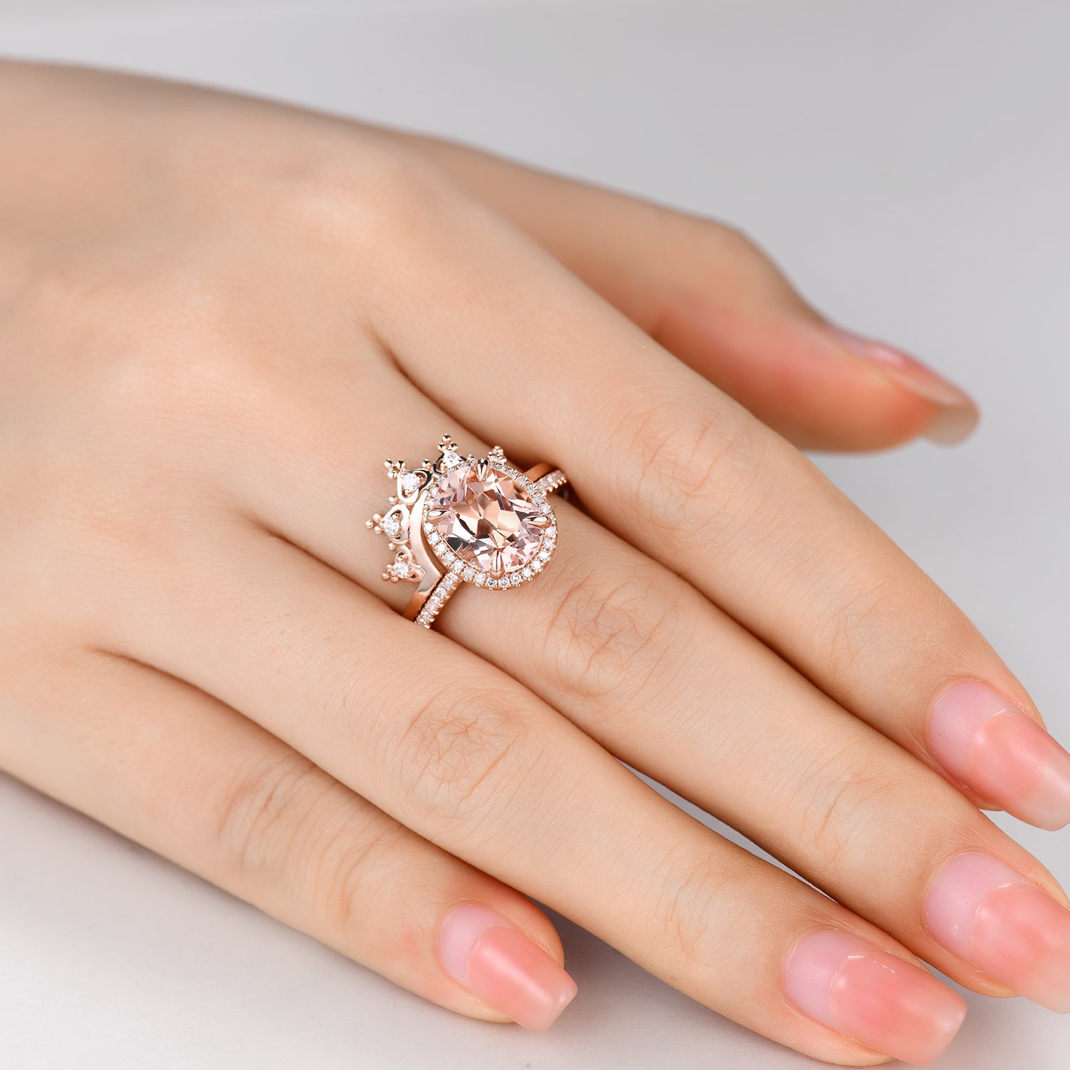 2pc Unique Oval Morganite and Diamond Bridal Ring Set - Heart Crown Petite Thin Wedding Band for Engagement, Promise & Anniversary - Perfect for Bridal Jewelry, Romantic Gifts & Special Occasions
