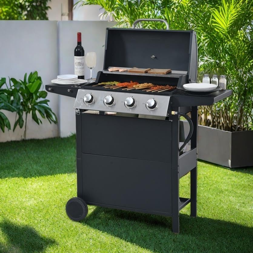 34,000 BTU 4-Burner Propane Gas Grill with 2 Shelves & Bottle Opener - Stainless Steel Outdoor BBQ Grill for Patio, Garden, Backyard Cooking & Grilling - Perfect for Family Gatherings, Tailgating & Camping (Black)