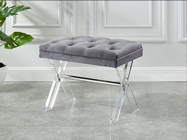 Grey Velvet Upholstered Bench with X-Shaped Acrylic Legs - Modern Entryway Seating, Bedroom Furniture, Living Room Decor