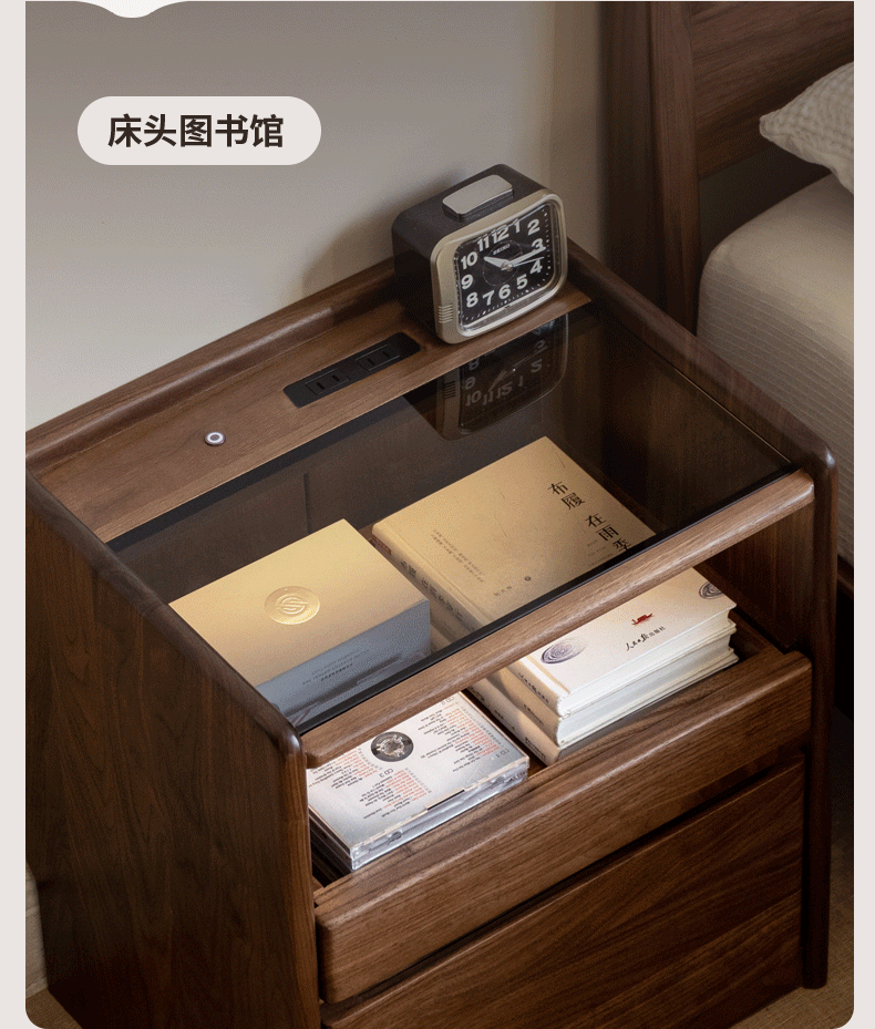 Solid Black Walnut Wood Nightstand with USB Outlet & Lamp - Perfect for Bedroom, Living Room, or Office Use