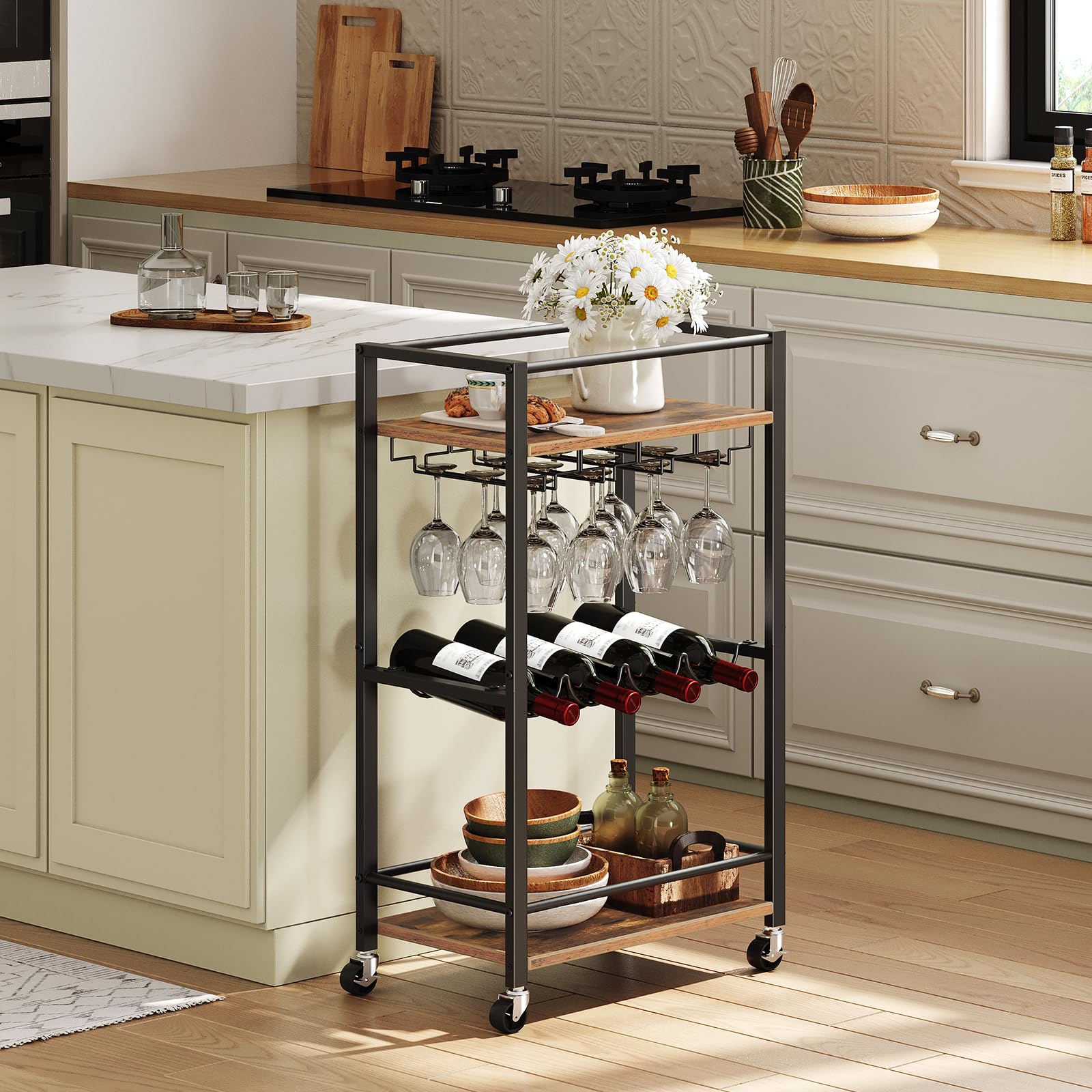 3-Tier Rustic Brown Bar Cart with Wine Rack & Glass Holders - Mini Rolling Serving Cart for Kitchen, Dining & Living Room - Perfect for Home Entertaining, Wine Storage & Space-Saving Organization (Model RCHR9301)
