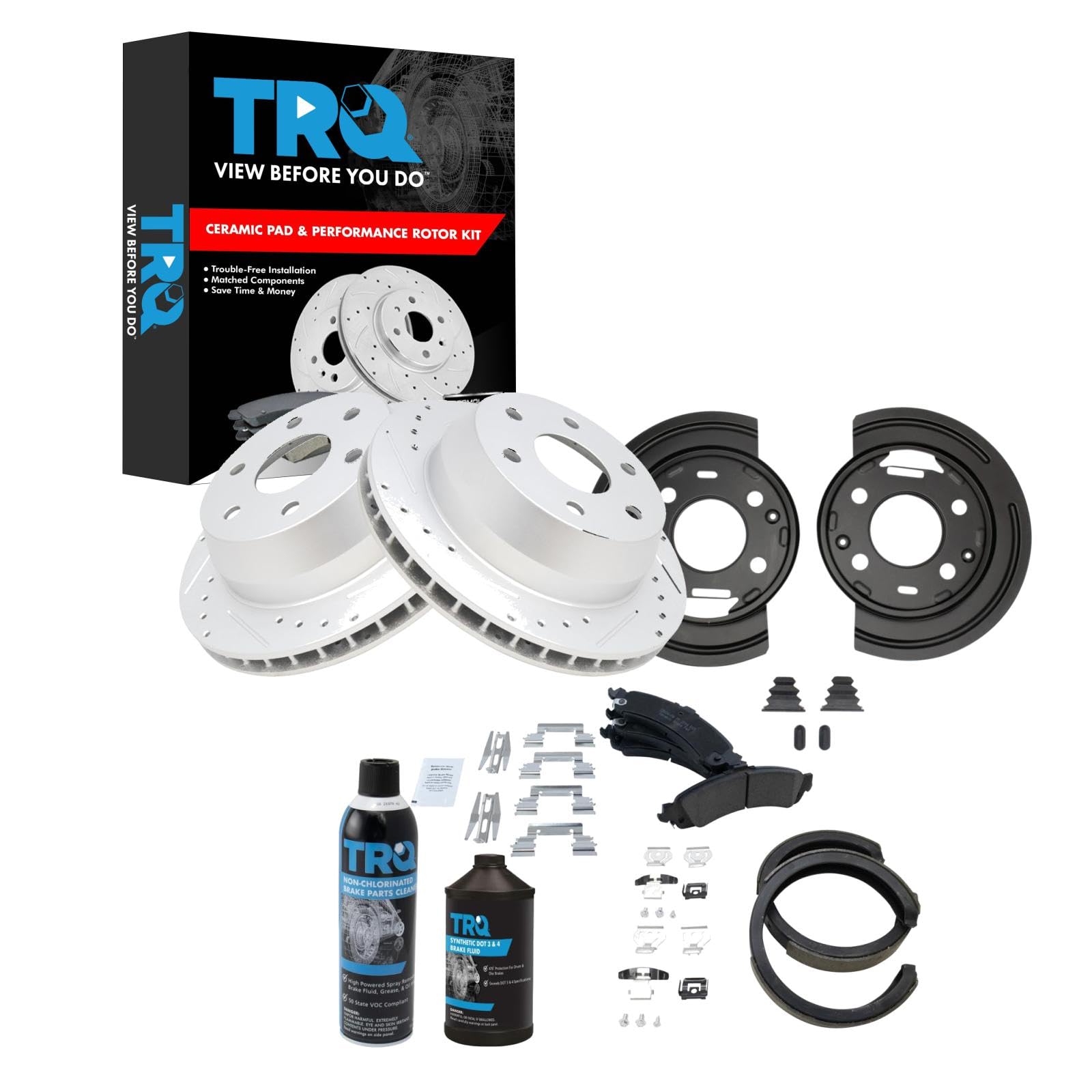 High-Performance TRQ Rear Ceramic Brake Pads with Rotors, Parking Shoes & Backing Plates - Includes Brake Fluid Kit | Perfect for Trucks, SUVs & Performance Vehicles | Smooth Stopping Power for Daily Commute & Off-Road Adventures
