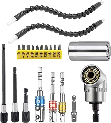 Flexible Drill Bit Extension & Universal Socket Wrench Tool Set - 105° Right Angle Drill Attachment with 3Pcs Screwdriver Bit Holder & Bit Kit - 1/4