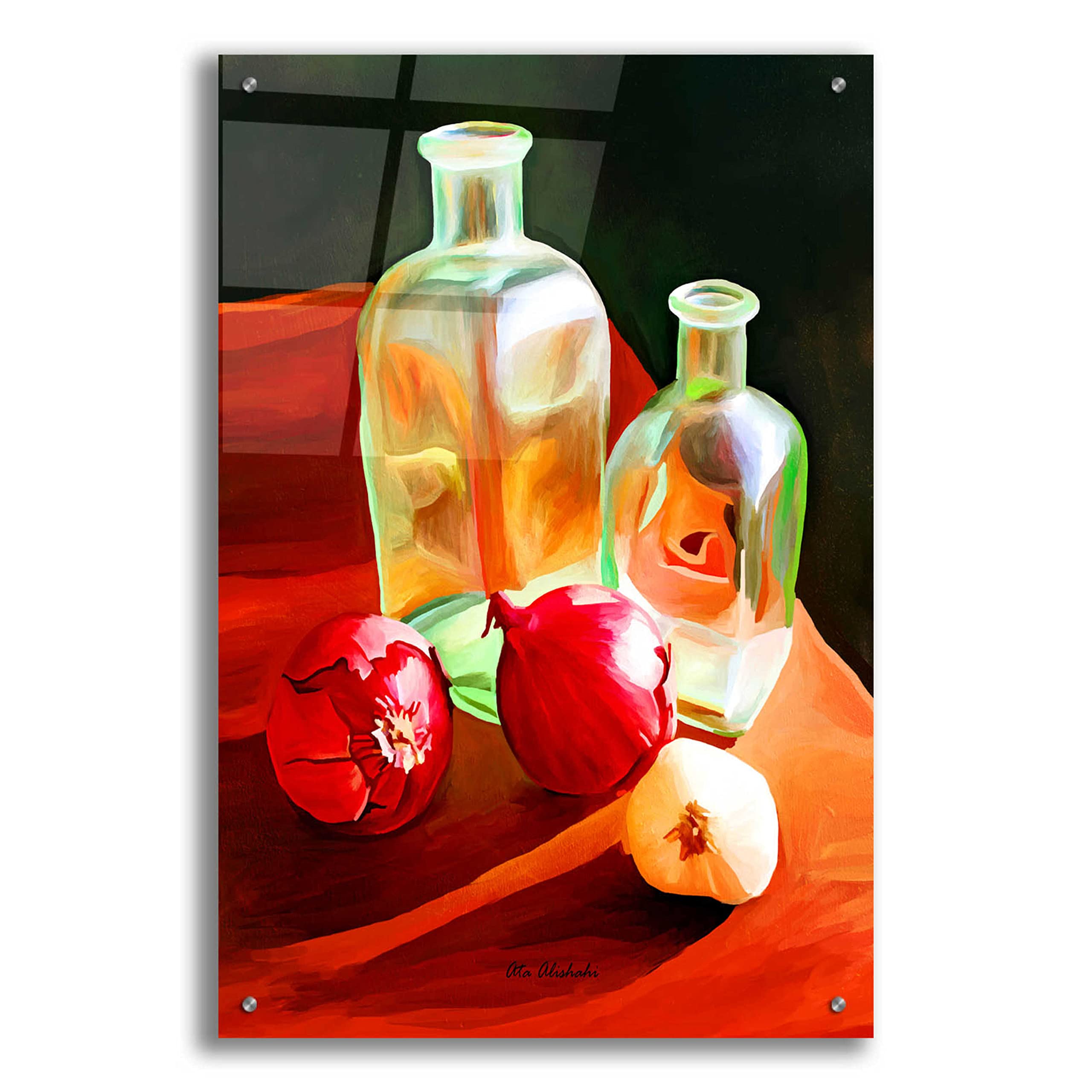 Epic 'Bottles and Onion' Acrylic Glass Wall Art by Ata Alishahi - 24x36 Inches Modern Abstract Painting for Living Room, Bedroom & Office Decor