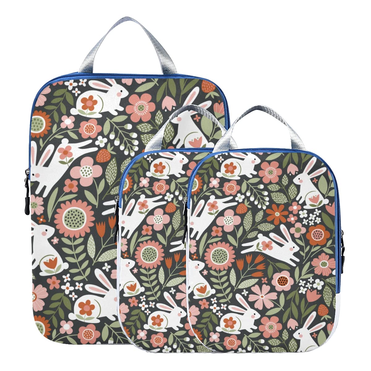 **Cute Bunny Floral Compression Packing Cubes Set of 3 – Travel Luggage Organizer for Suitcases | Perfect for Weekend Trips, Business Travel & Vacations**