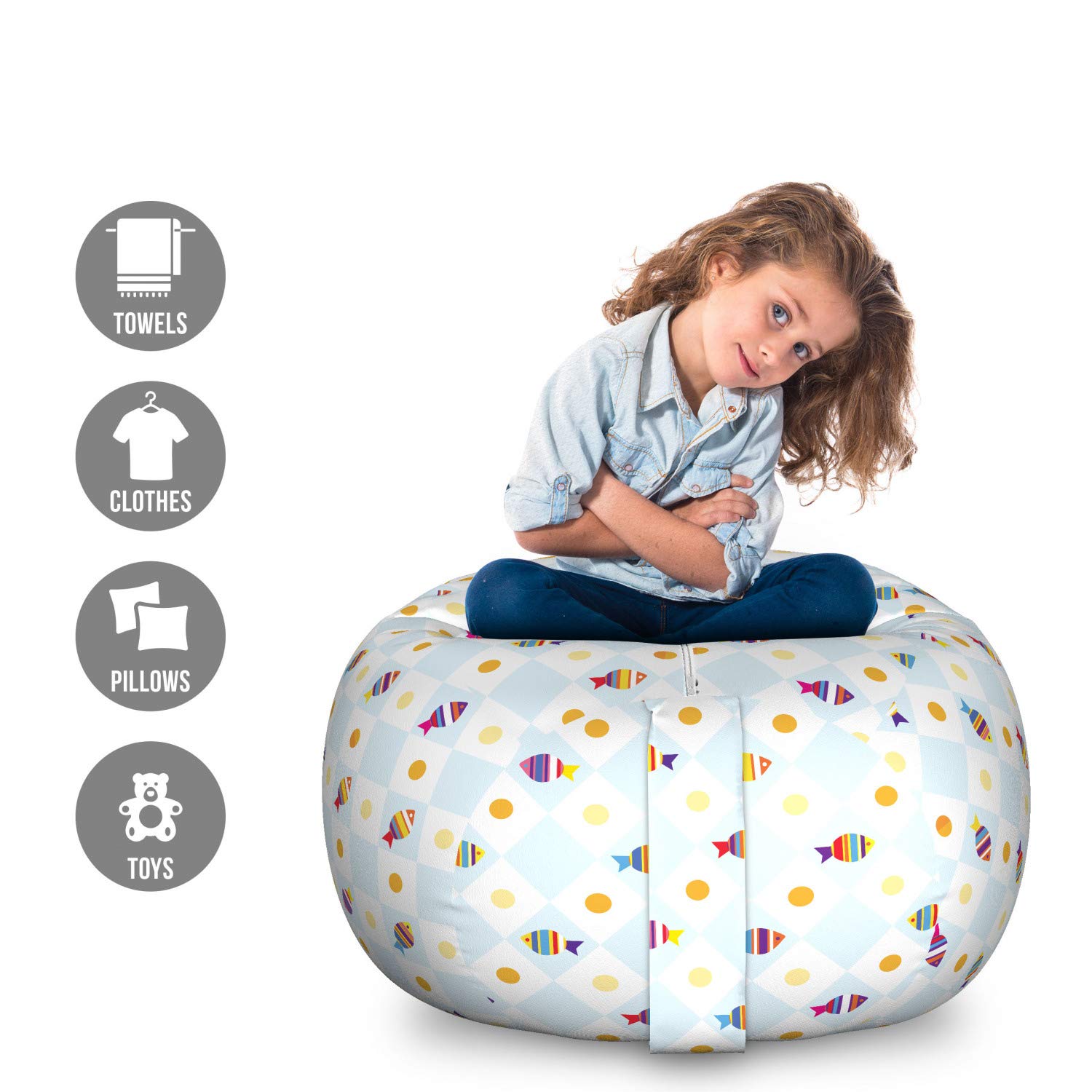 Ambesonne Cartoon Toy Storage Bag Chair - Aquarium Fish Design with Geometric Patterns, Large Washable Stuffed Animal Organizer for Kids' Room, Playroom & Nursery - Multicolor
