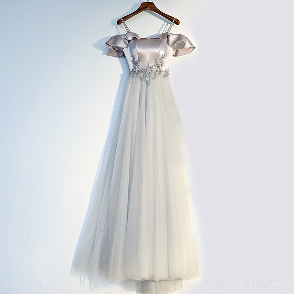 Elegant Off Shoulder Grey Tulle A-Line Prom Dress for Evening Party | Custom Long Formal Gown | Homecoming & Wedding Guest Dress