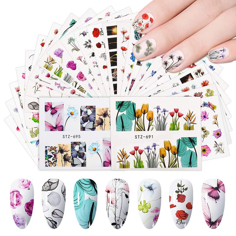 FAMEZA 24 Sheets Floral Nail Art Decals - Butterfly & Rose Water Transfer Nail Stickers with Assorted Leaves Design for DIY Manicure | Perfect for Spring Nails, Bridal Party, Salon & Home Nail Art Decoration