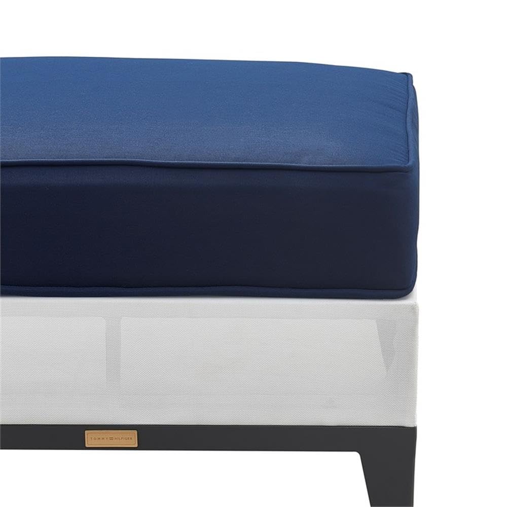 Tommy Hilfiger Hampton Outdoor Ottoman - Coastal White & Navy Stripe - Weather-Resistant Patio Furniture for Poolside, Deck or Garden Relaxation