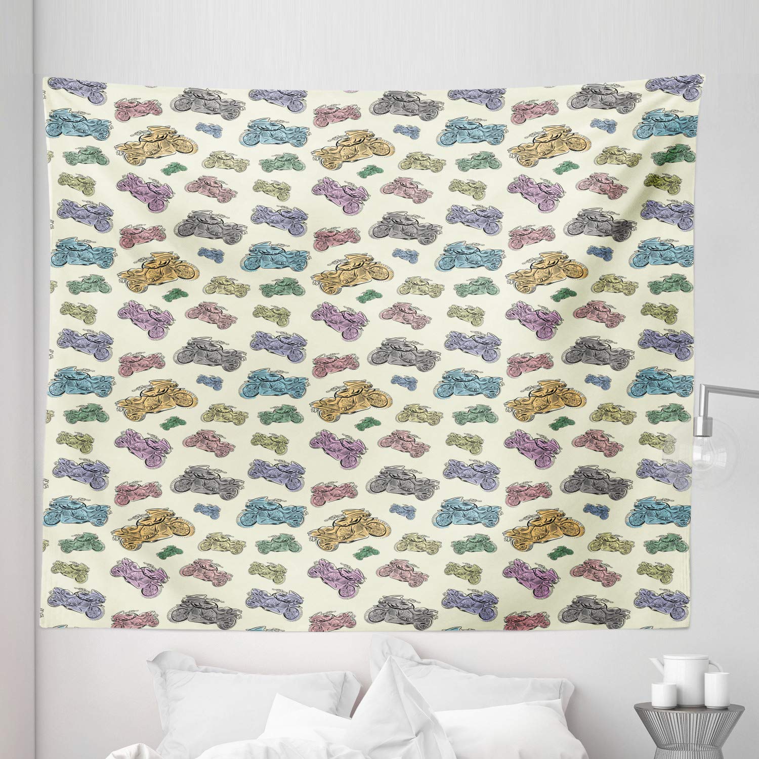 Ambesonne Motorcycle Tapestry King Size - Pastel Racing Bike Sketch Wall Hanging, 104x88 Inch Cartoon Style Bedspread & Wall Decor | Perfect for Bedroom, Living Room & Dorm Room Aesthetics