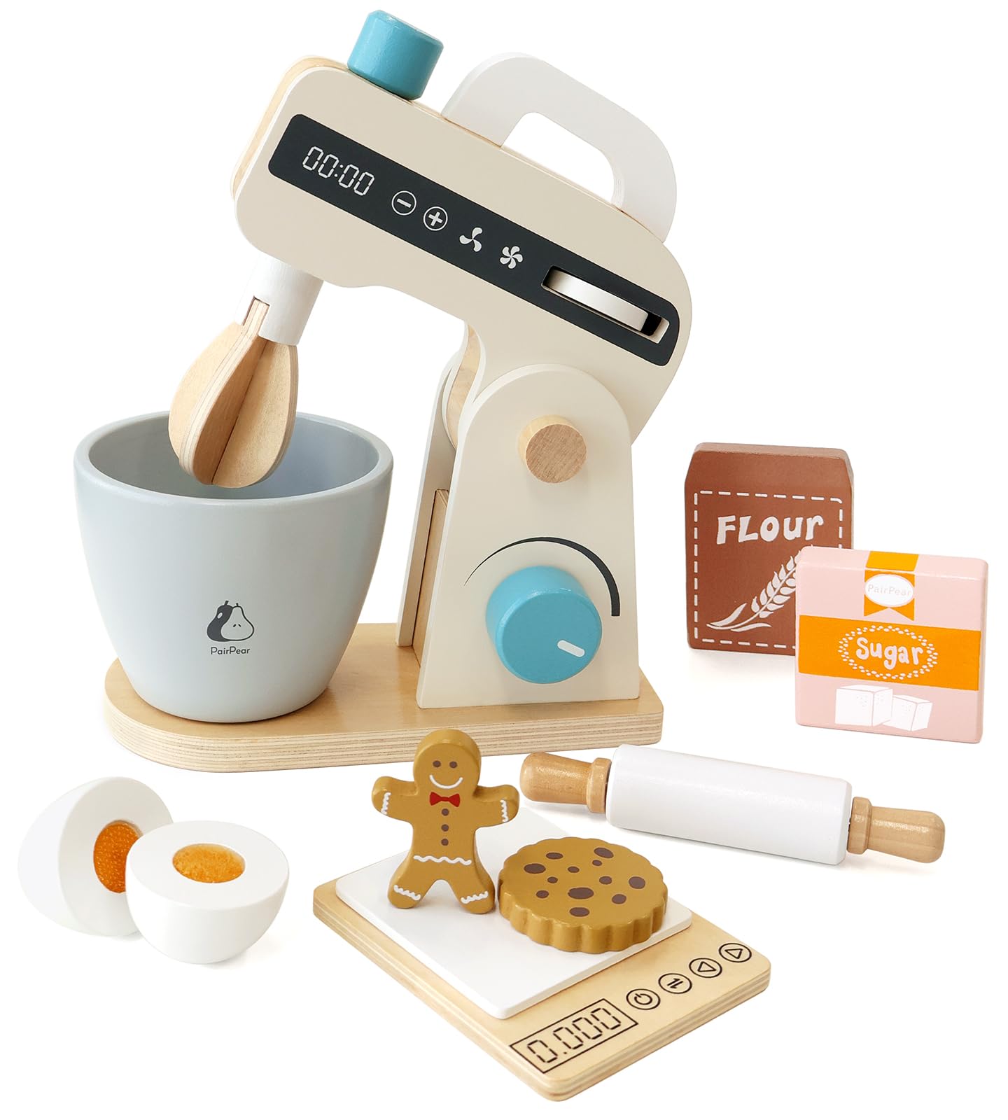 PairPear Wooden Play Food Stand Mixer - Pretend Bake Cookies Playset, Multi-Function Toy Kitchen Accessories for Kids Ages 3+ - Perfect for Role Play & Early Learning Activities